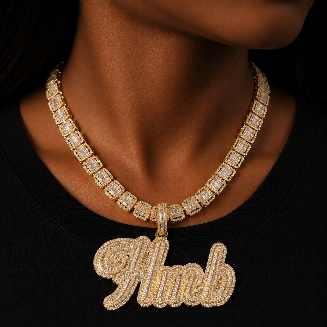 Bubble Letter Jewelry Personalized Name Plated Baguette Necklace Real Gold Color Charms Bling 2022 Trend Best Selling Items