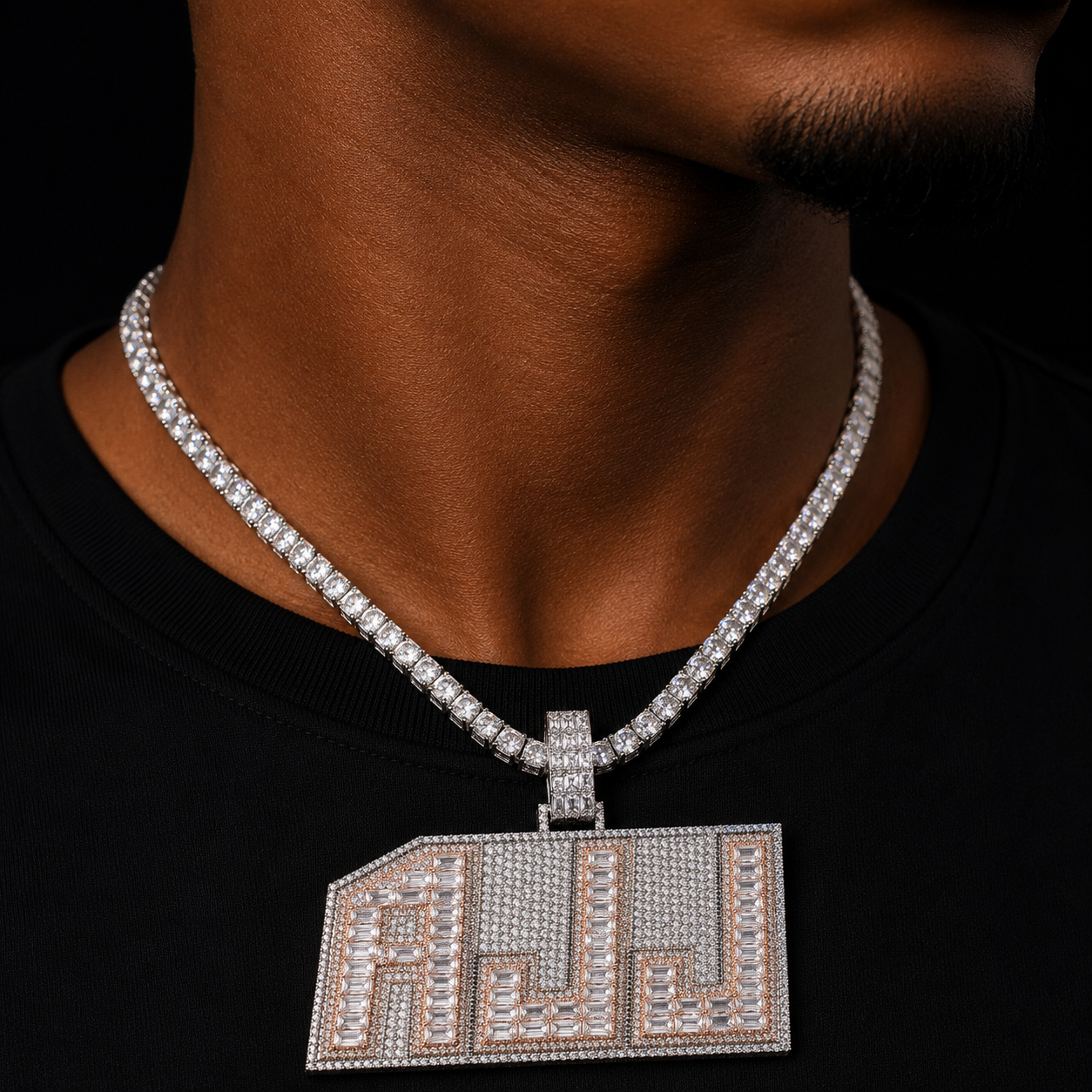 Bubble Letter Baguette Custom Name Necklace for Men Prong Setting Iced Out Personalized Pendant Two Tone Hip Hop Jewelry