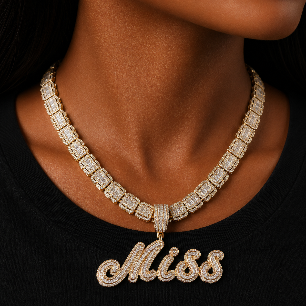 Bubble Letter Baguette Cursive Custom Name Necklace for Women Iced Out Pendant  Real Gold Plated Hip Hop Rock Fashion Jewelry