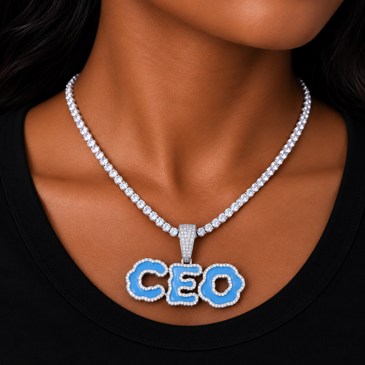 Solid Back Custom Name Blue Oil Bubble Letters Pendant Necklaces For Men Women Bling Cubic Zircon Hip Hop Rokas Jewelry