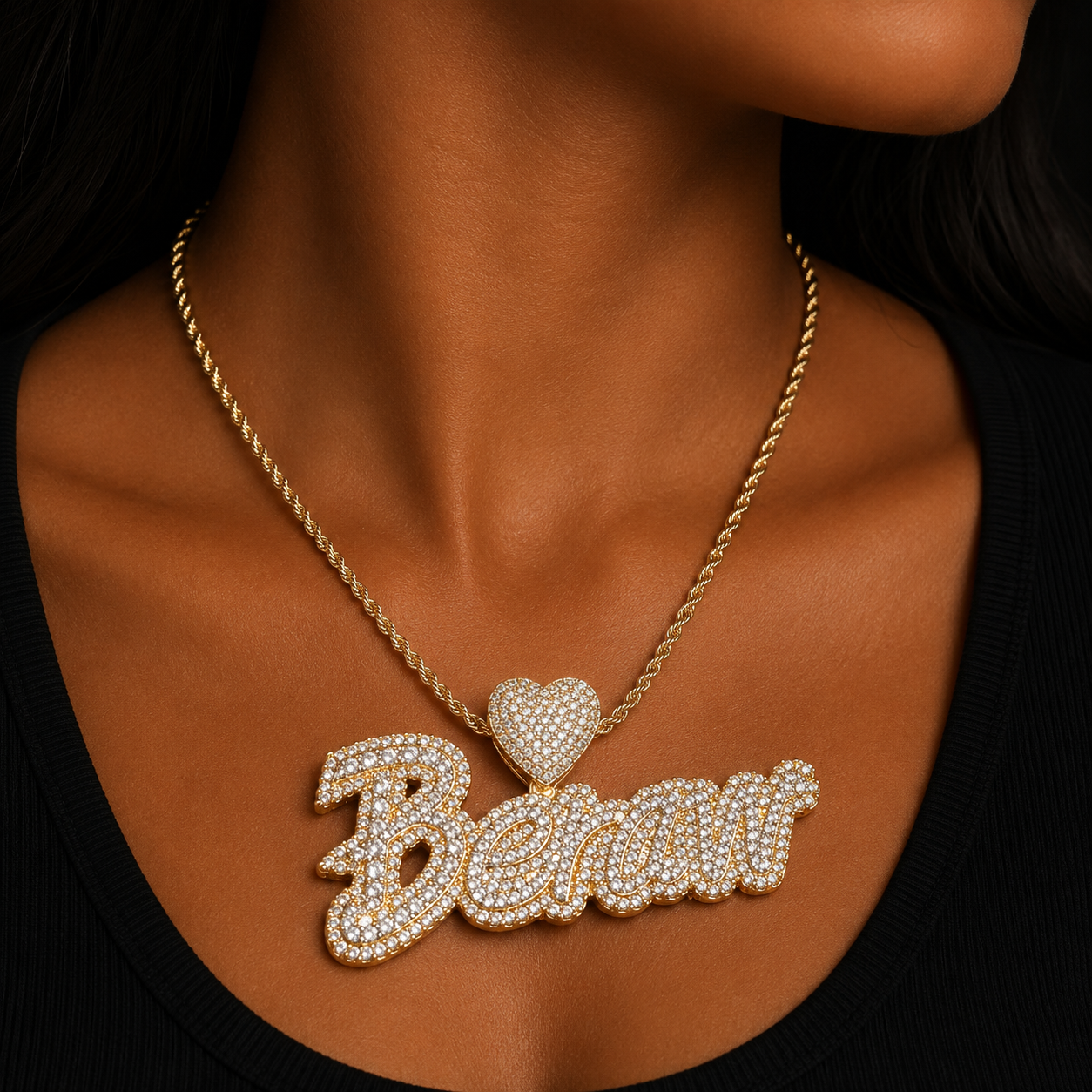 Bubble Letter Custom Name Necklace for Women Iced Out Pendant Real Gold Plated Heart Bail Hip Hop Rapper Rock Street Jewelry