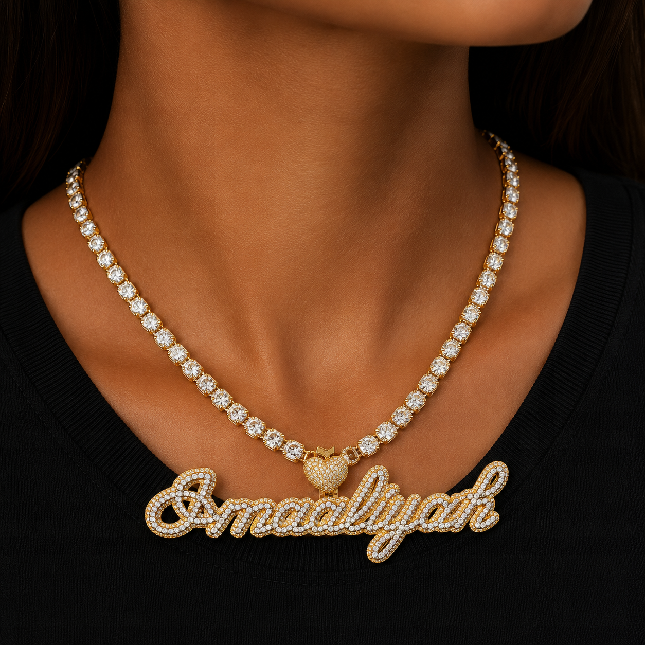 Bubble Letter Two Tone Cursive Custom Name Necklace for Women Real Gold Plated Copper Material Hip Hop Jewelry Heart Bail Charms
