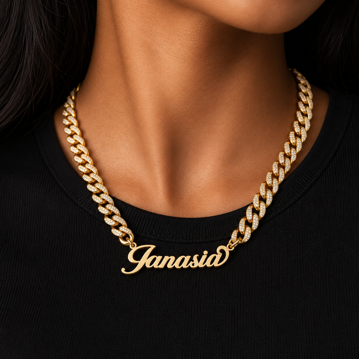 Bubble Letter Stainless Steel Custom Name Plates Necklace Choker for Women Miami Cuban Link Chain Prong Setting Hip Hop Jewelry