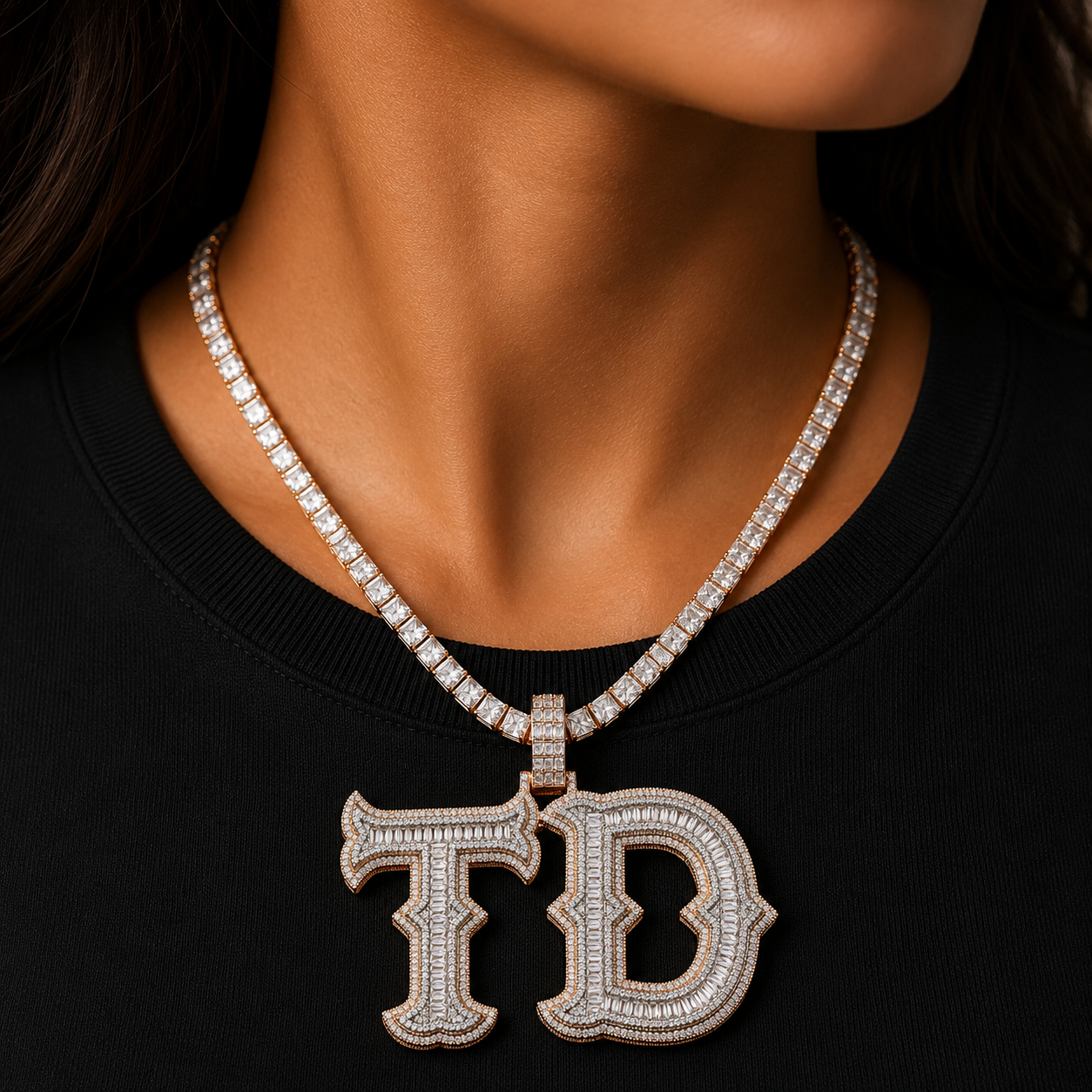 Bubble Letter Custom Name Necklace for Women Two Tone Iced Out Personalized Jewelry Baguette Charms Hip Hop Jewelry