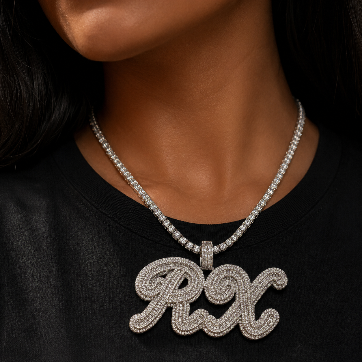 Bubble Letter Baguette Name Plate Necklace for Women Custom Pendant Iced Out Charms Hip Hop Jewelry Free Shipping
