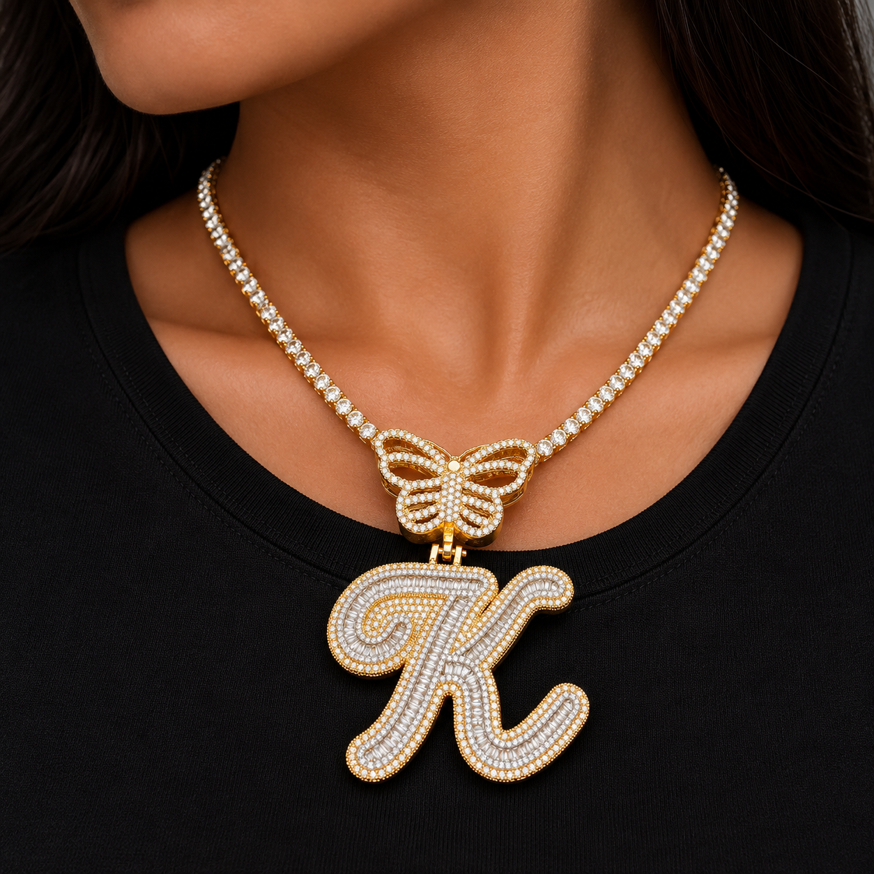 Bubble Letter Initial Necklace for Women Iced Out Baguette Pendant Cursive Prong Setting Butterfly Bail Hip Hop Jewelry