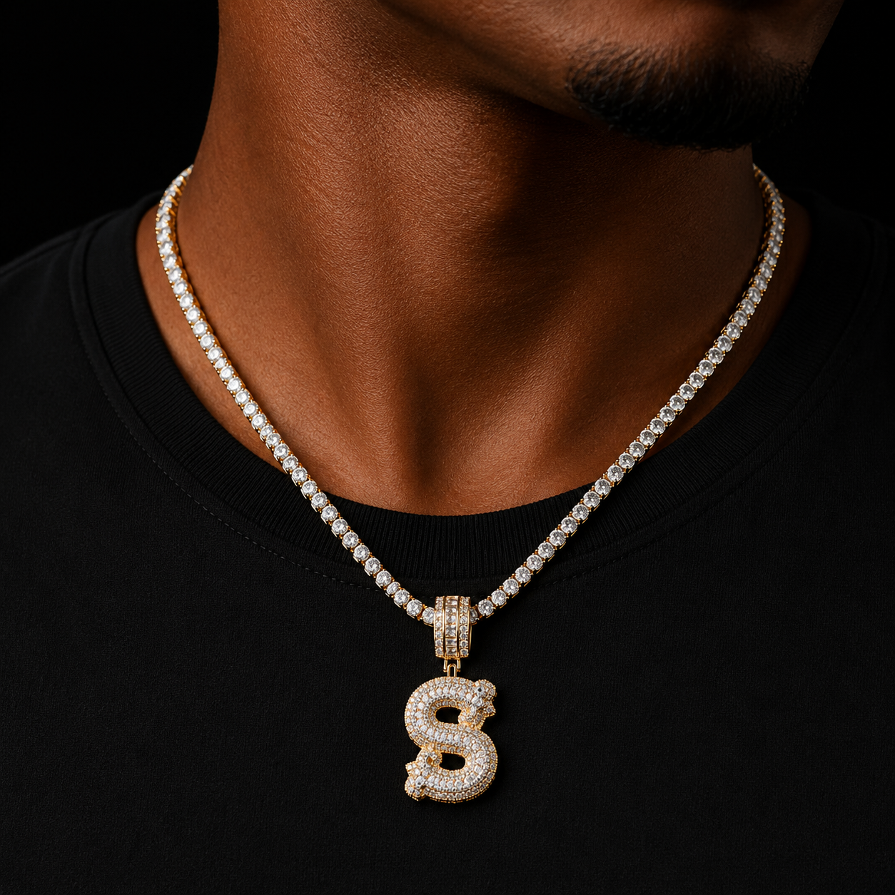 Bubble Letter Initial Single Necklace for Men Iced Out Frozen Pendant Real Gold Plated Hip Hop Jewelry