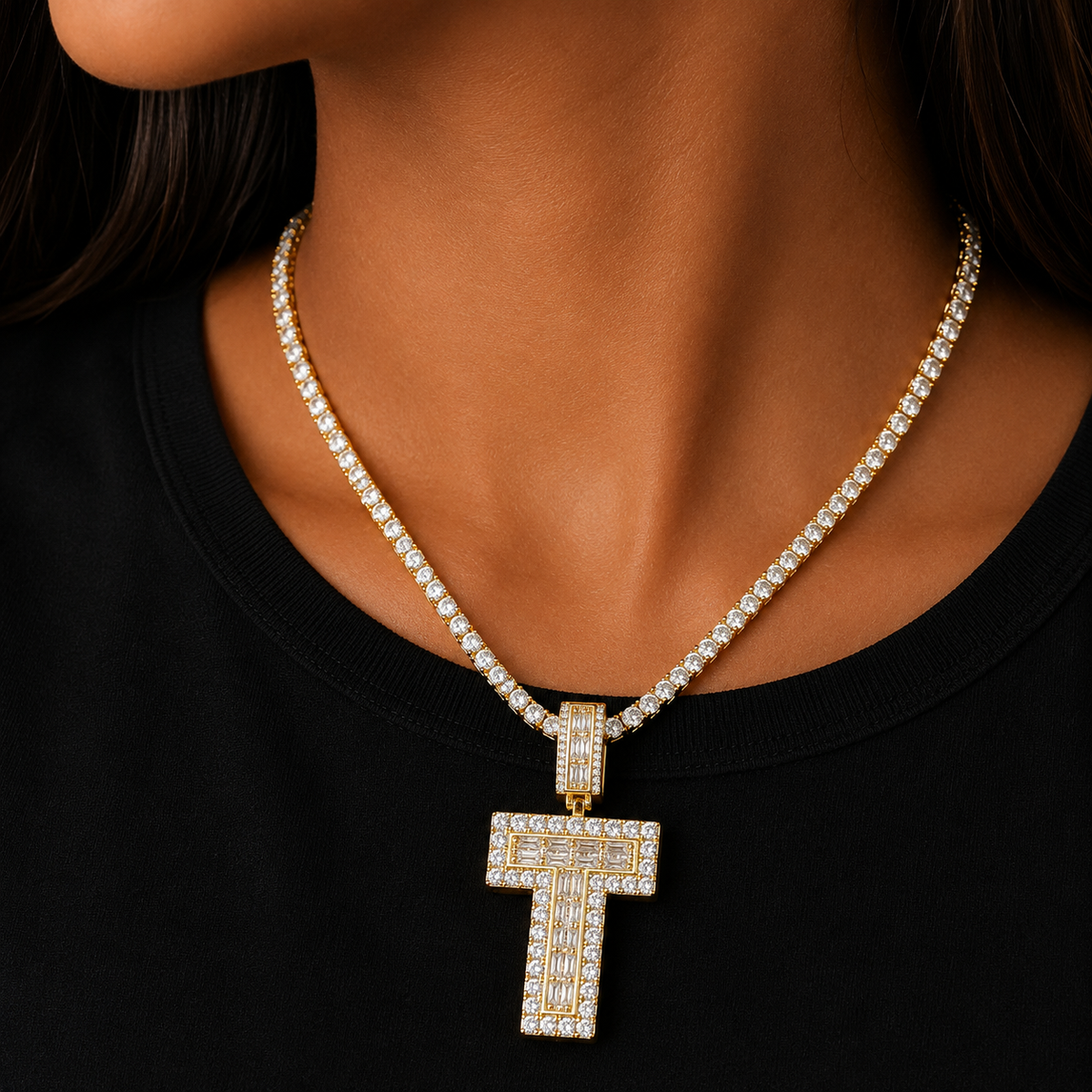Bubble Letter Initial Necklace for Women Iced Out Pendant Baguette Prong Setting Real Gold Plated Rock Street Fashion Jewelry
