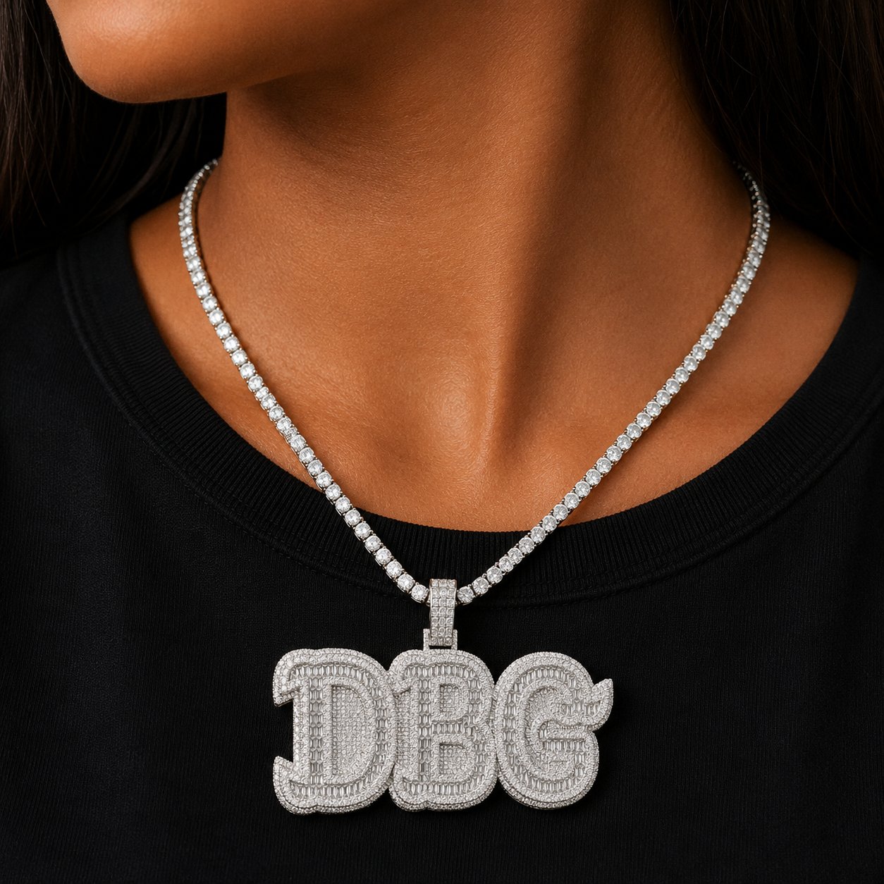 Bubble Letter Custom Solid Base Iced Out Pendant Personalized Name Necklace Women White Gold Plated Double Layer Hip Hop Jewelry