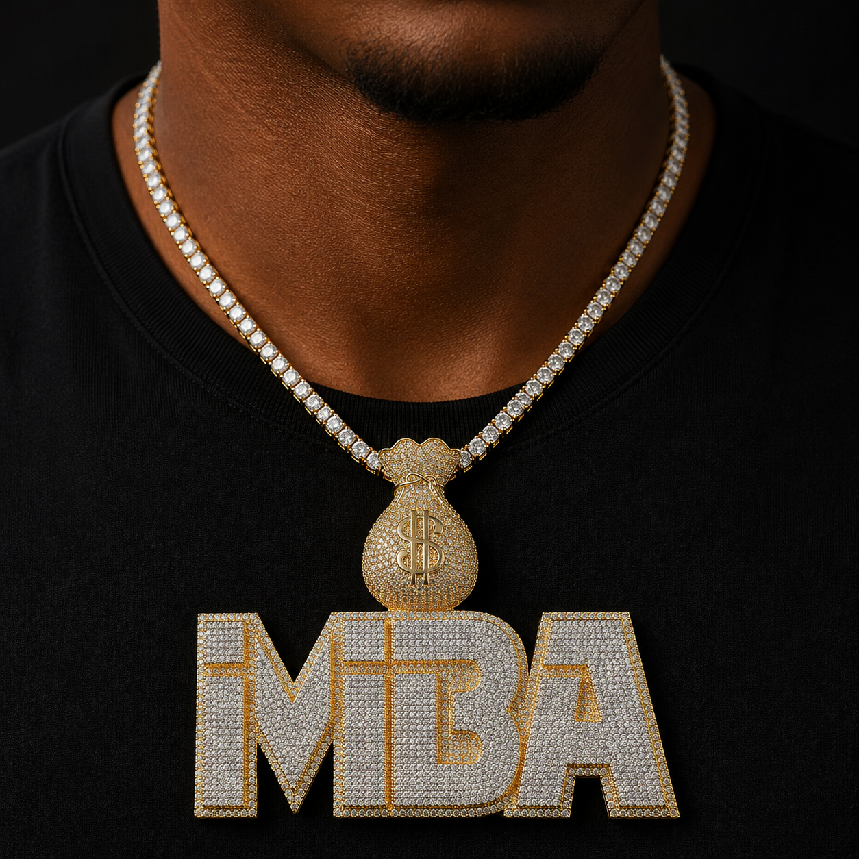 Bubble Letter Customized Pendant Personalized Name Plate Necklace for Men Two Tone Money Bag Bail Prong Setting Hip Hop Jewelry