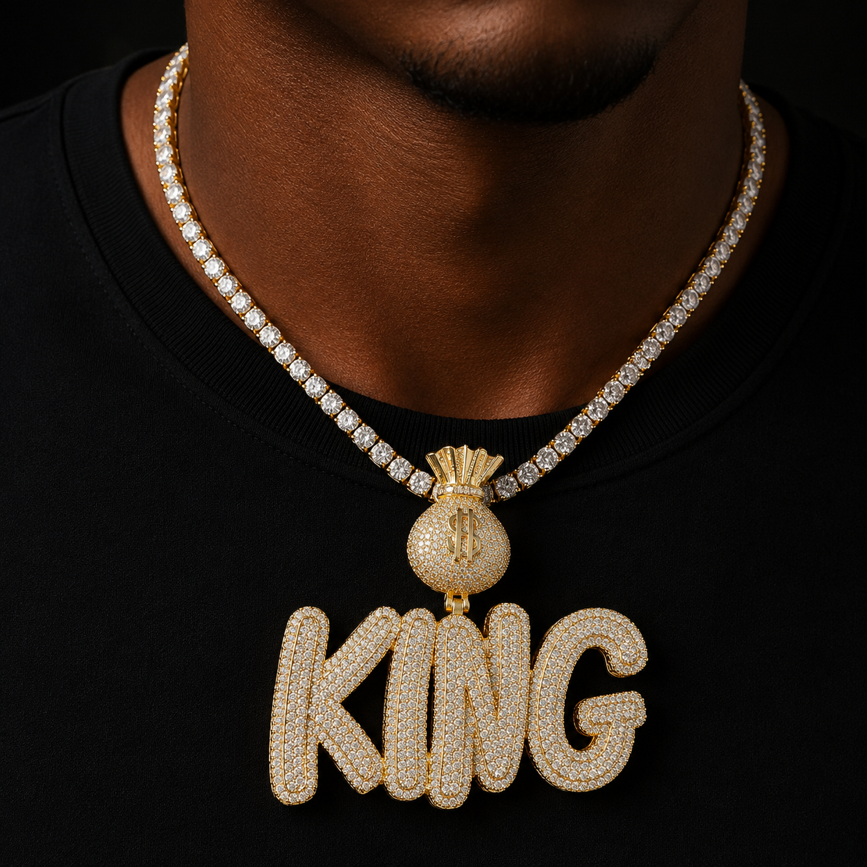 Bubble Letter Custom Name Necklace for Men Money Bag Bail Iced Out Personalized Pendant Prong Setting Hip Hop Jewelry