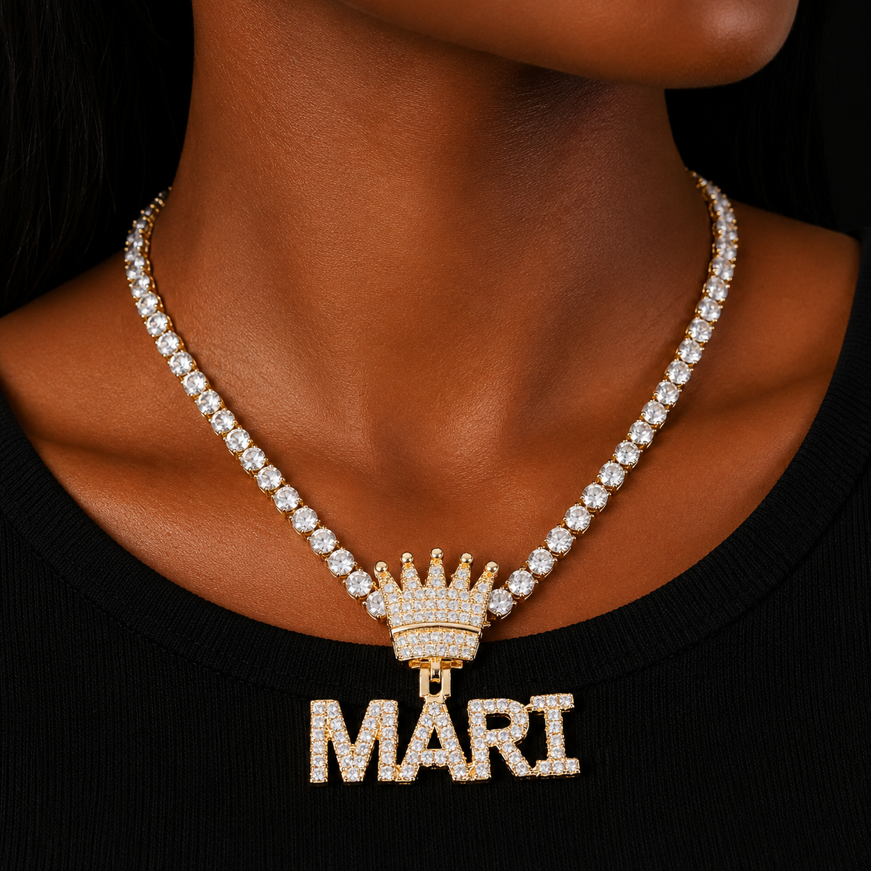 Bubble Letter Small Mini Name Necklace Women Iced Out Zircon Hip Hop Chain Frosted Customized Jewelry Prong Setting Crown Bail