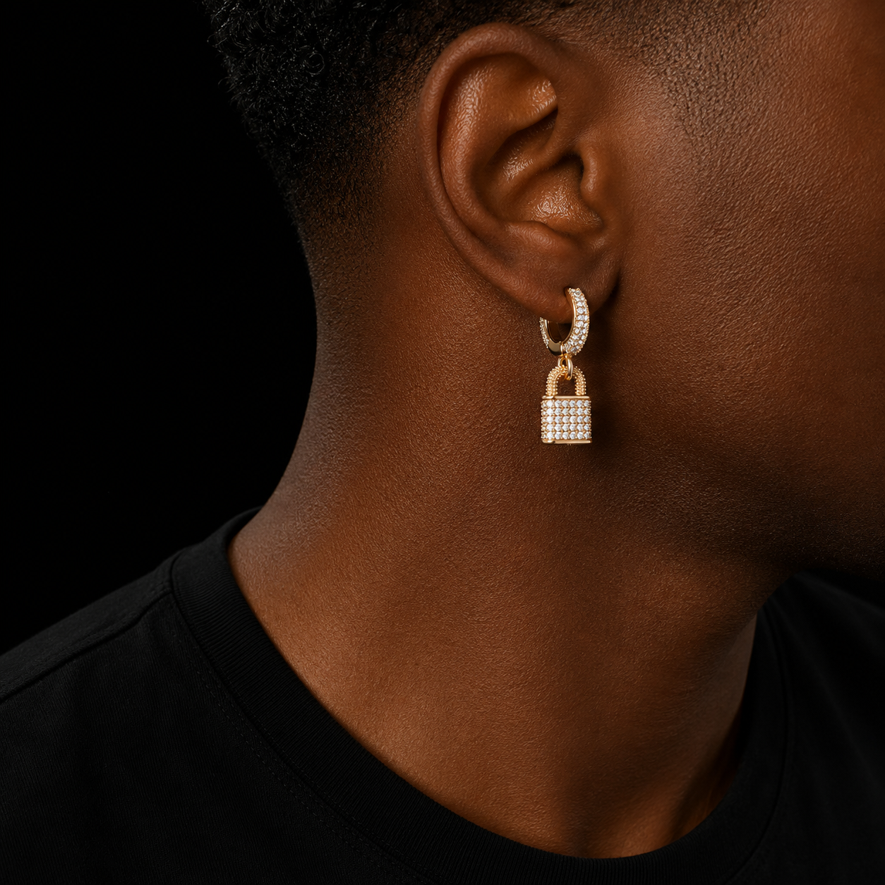 Bubble Letter Lock Stud Earring for Men Iced Out Bling Real Gold Plated Hip Hop Jewelry
