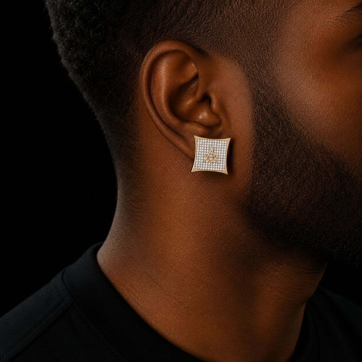 Iced Square Masonic Freemasonry Stud Earring Gold Color Cubic Zircon Earrings For Men Hip Hop Jewelry For Gift 15mm