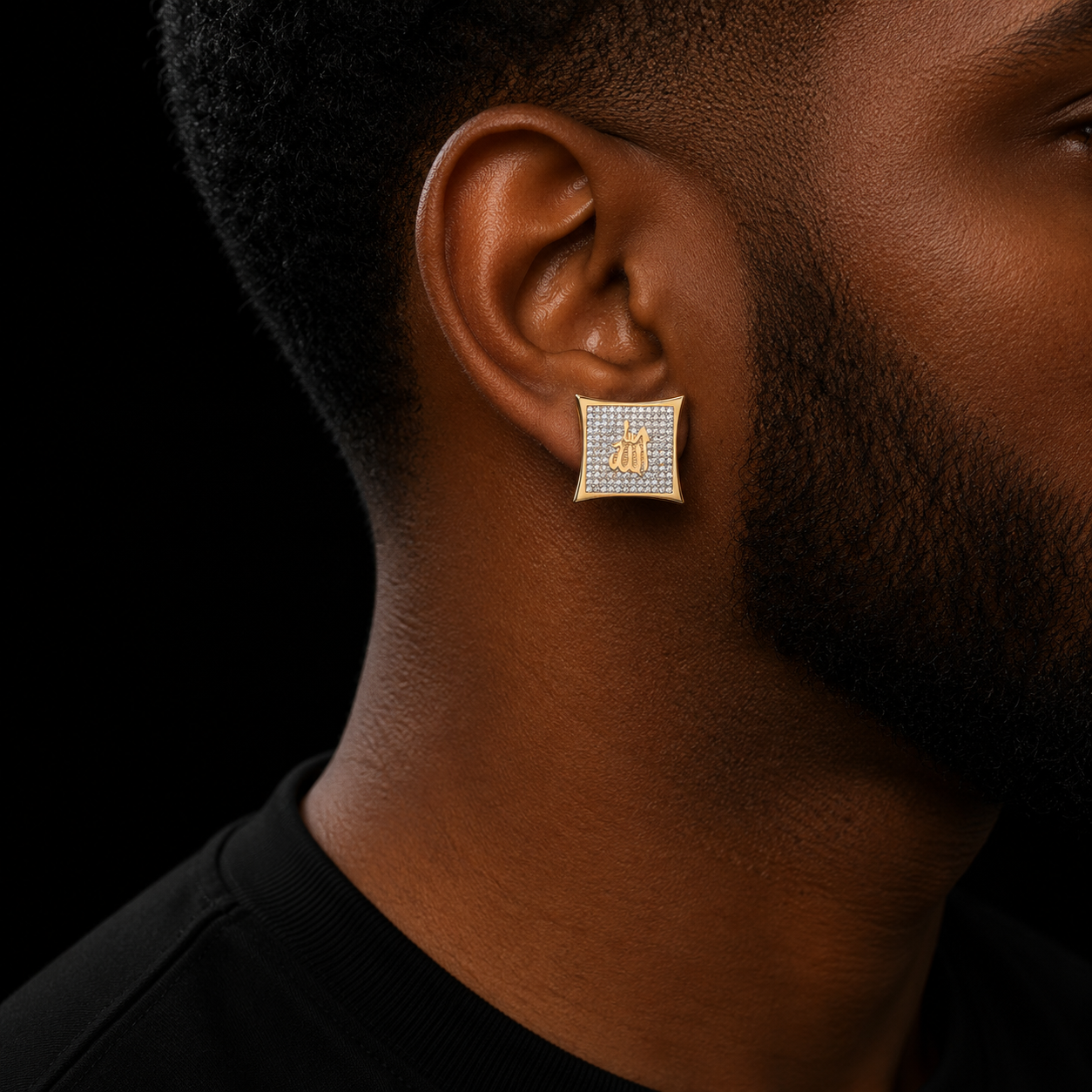 Religious Allah Gold Color Arabic Earrings Iced Cubic Zirconia Stud Earring Men's Hip Hop Jewelry For Friend Gift 15mm