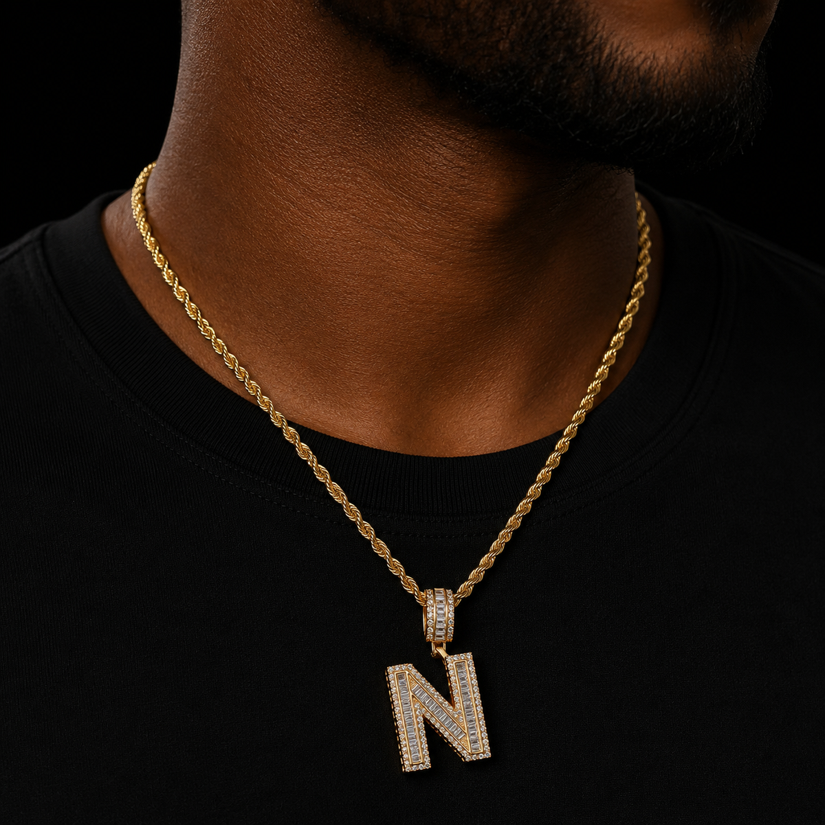 Gold Color Baguette Initials Letters Pendant Necklace Chain Charm Bling AAA Zirconia Men's Rock Jewelry A-Z