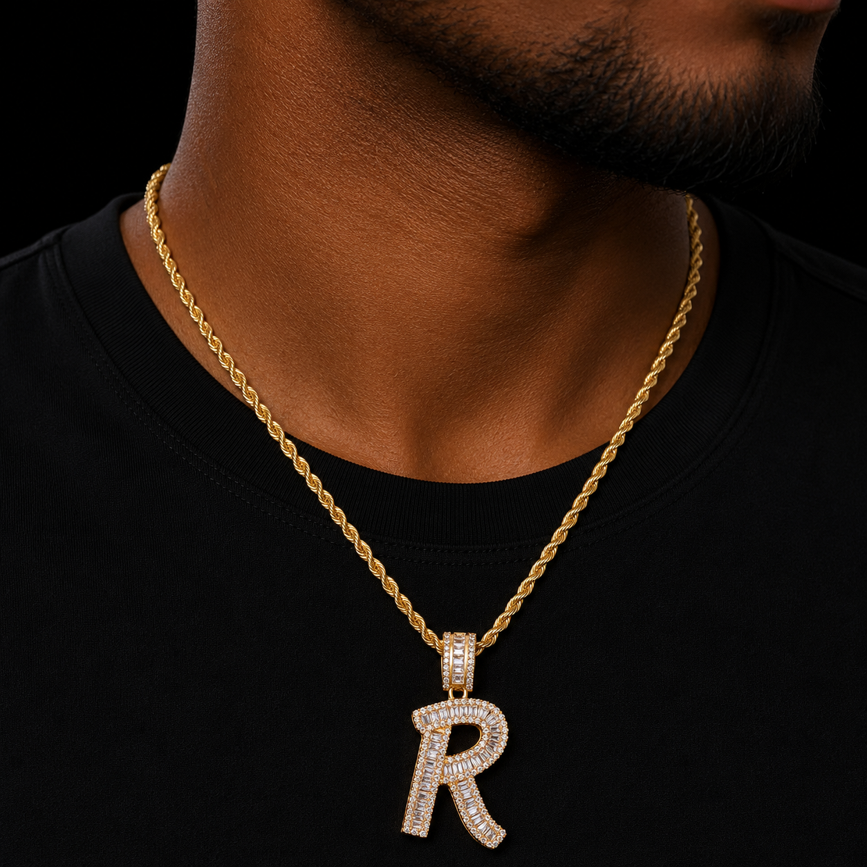 A-Z Gold Color Baguette Initials Letters Hip Hop Pendant Bling Zirconia Men's Women Necklace Chain Rock Jewelry