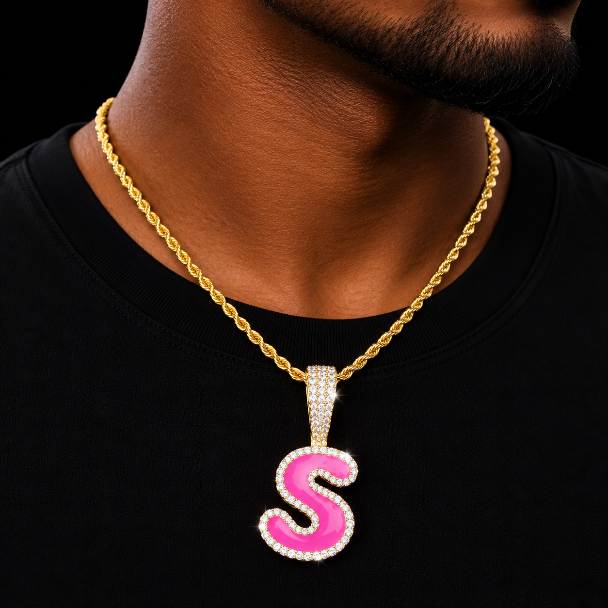 Single Blue Pink Letters Pendant Necklaces For Men Women Solid Back Gold Color AAAA Cubic Zircon Hip Hop Jewelry