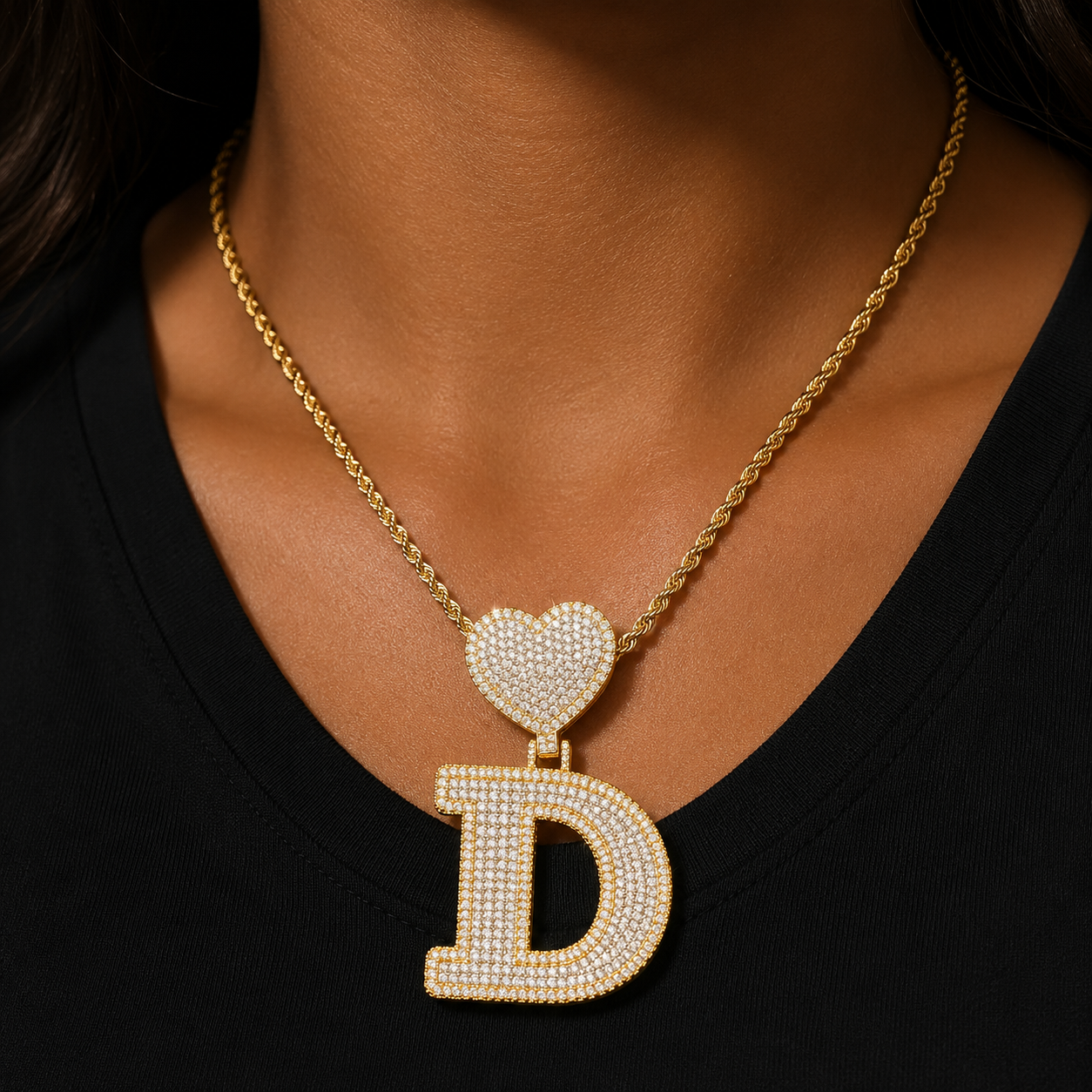 Bubble Letter Iced Out Initial Necklace for Women Prong Setting Pendant Real Gold Plated Hip Hop Fashion Jewelry