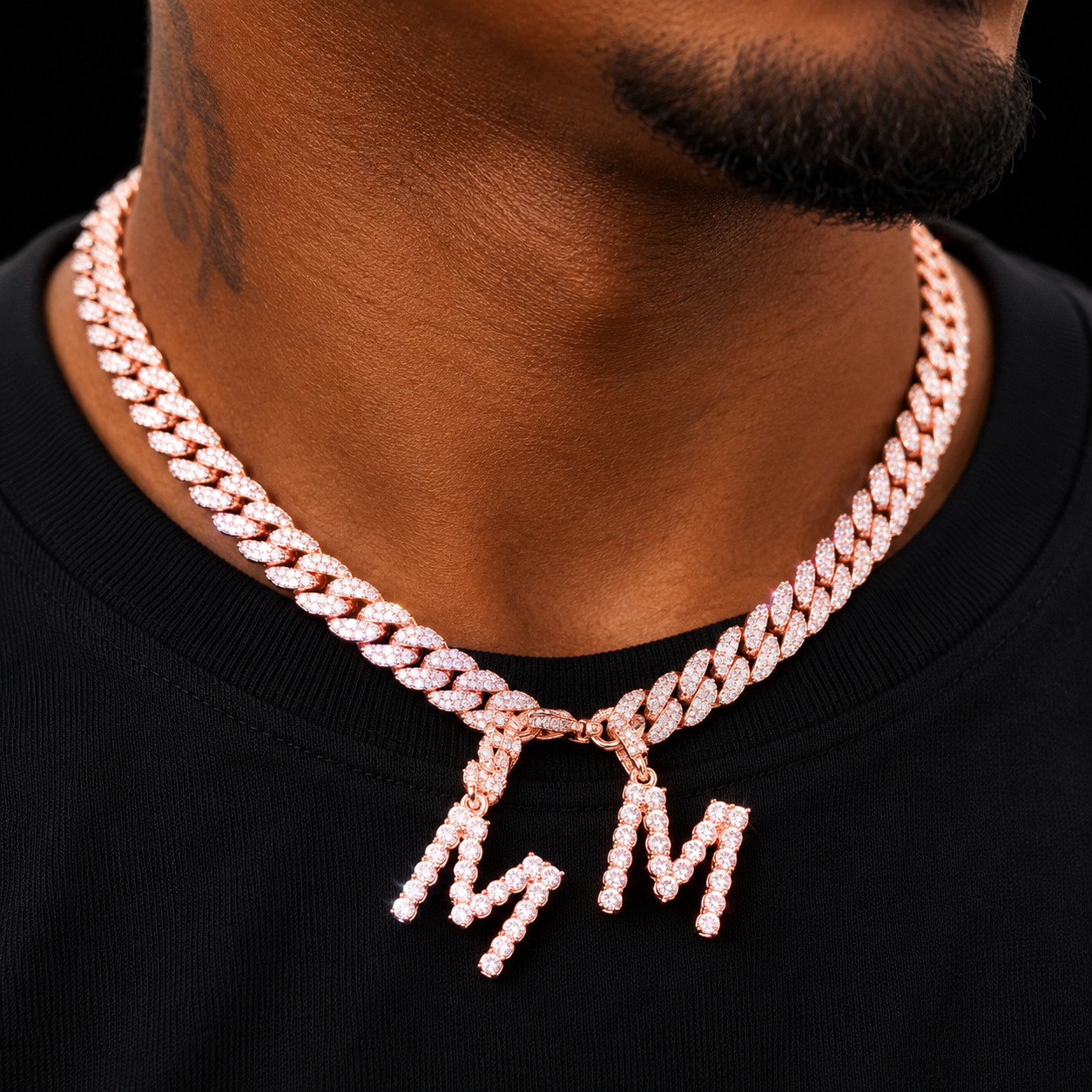 Custom name Pink Zircon Tennis Letters With 10MM Cuban Chain Pendants Necklaces Men's Zircon Hip Hop Rock Jewelry