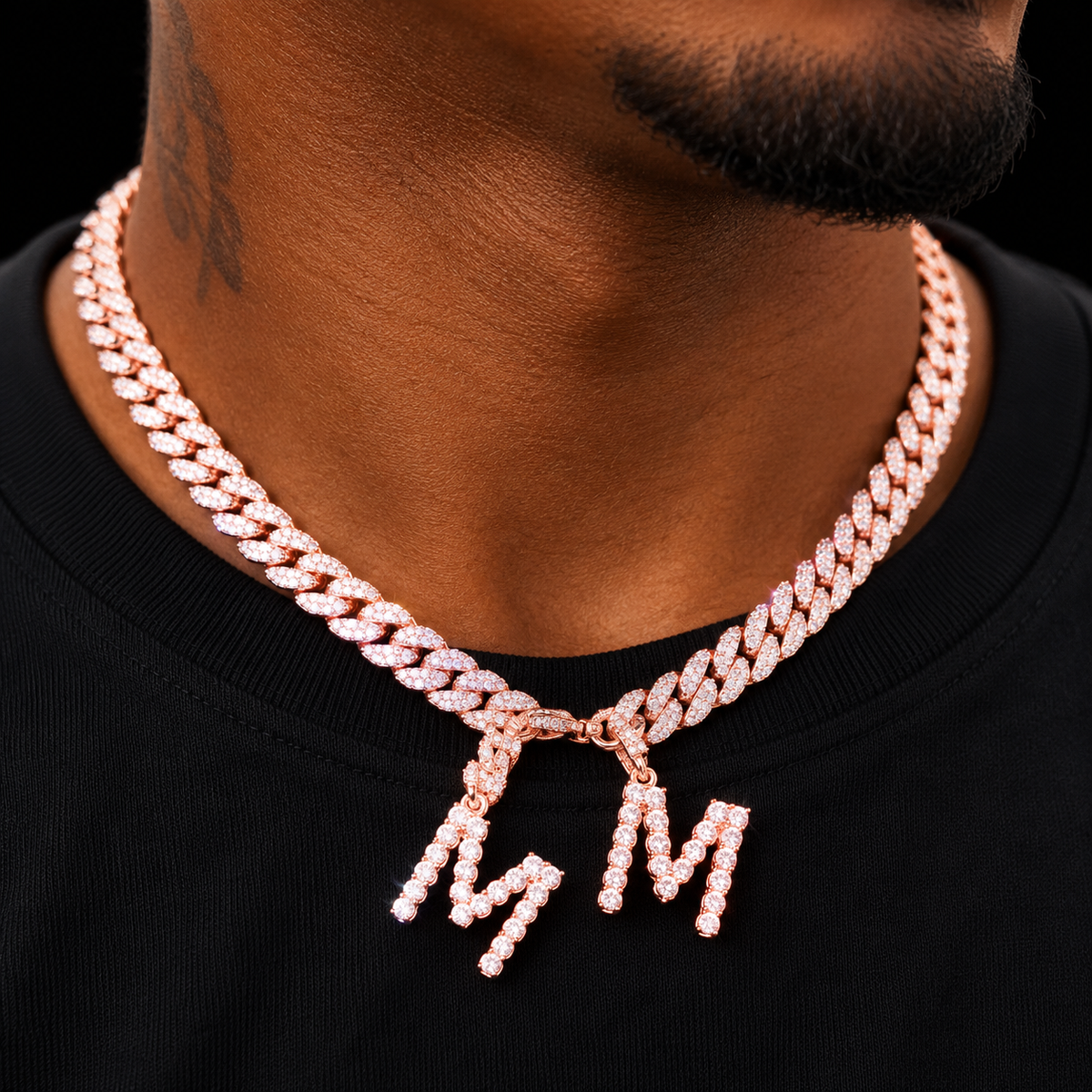 Custom name Pink Zircon Tennis Letters With 10MM Cuban Chain Pendants Necklaces Men's Zircon Hip Hop Rock Jewelry