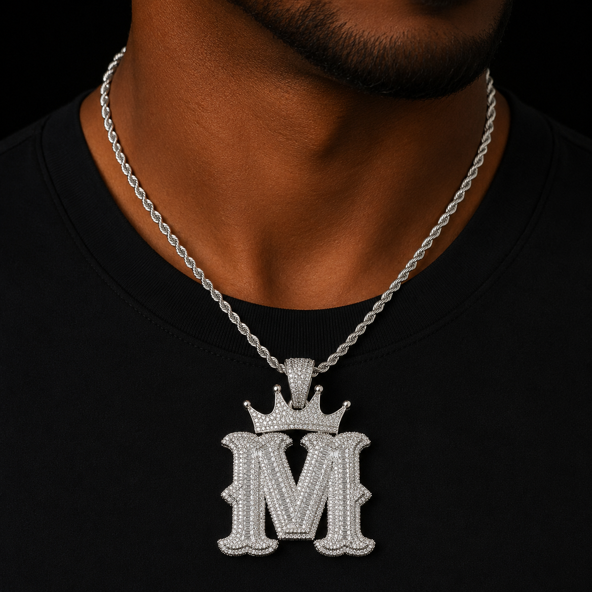 Bubble Letter Iced Out Necklace for Men Initial Charms Pendant Crown Bail Cubic Zirconia Hip Hop Jewelry