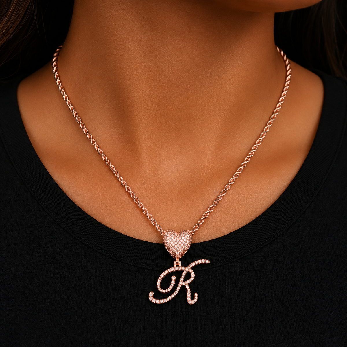 Initial Letter Jewelry Cursive Font Rose Gold Plated Pink Stones Women Necklace Heart Bail Hip Hop Jewelry
