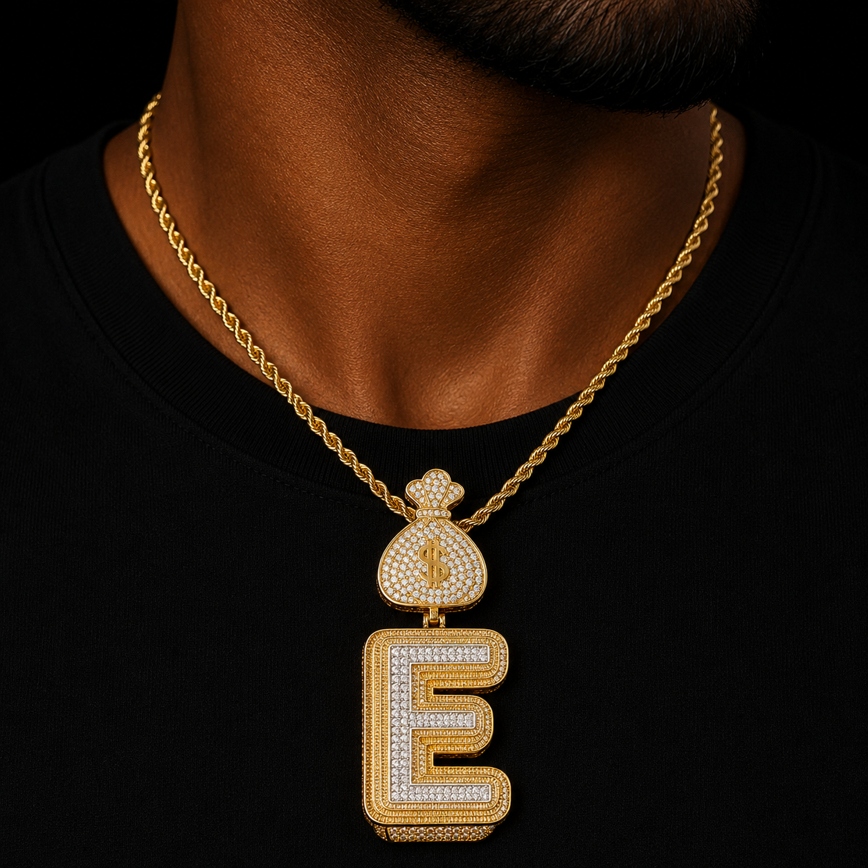 Bubble Letter Prong Setting Pendant Iced Out Initial Necklace for Men Gold Plated Hip Hop Fashion Jewelry Money Bag Bail