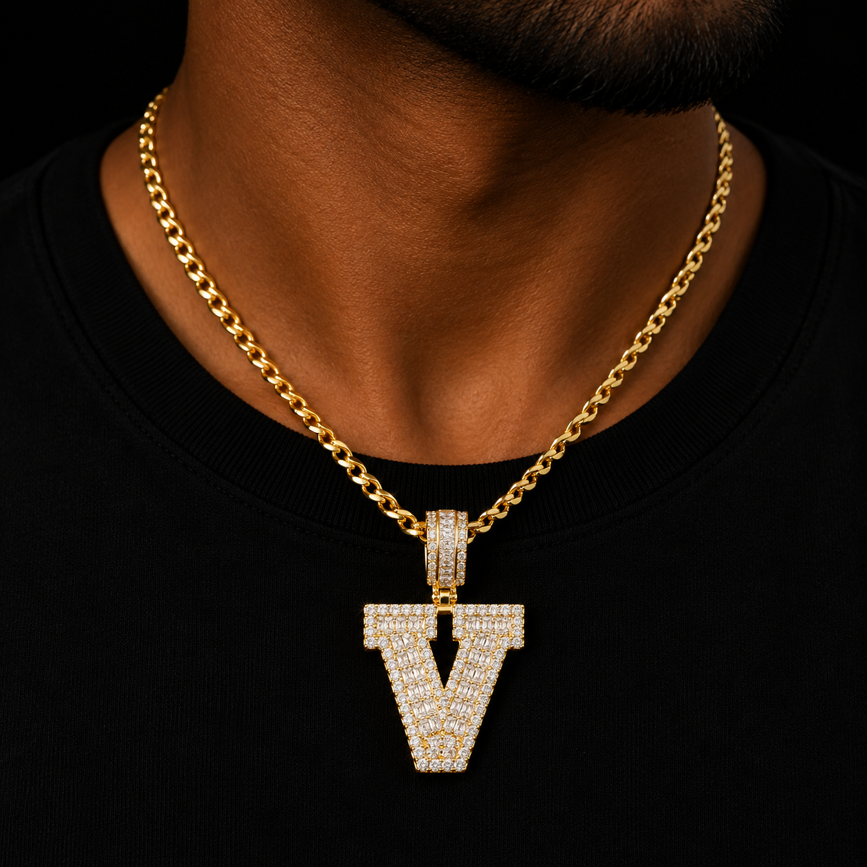 Single Solid Letters Big Zircon Baguette Pendant Hip Hop Gold Color Necklace Jewelry