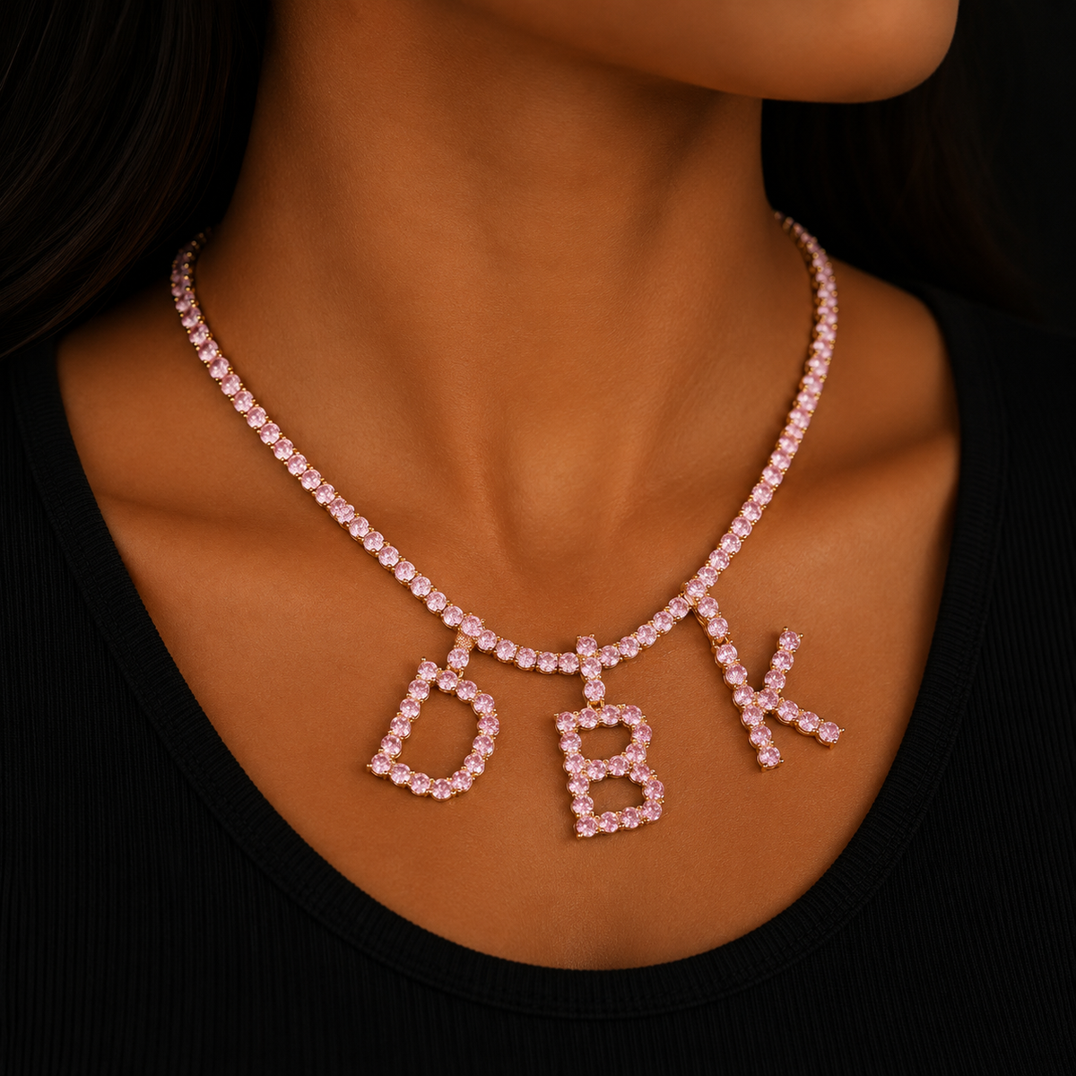 Pink Color Zircon Tennis Letters Necklaces & Pendant For Men/Women Gold Color Fashion Hip Hop Jewelry with 4mm Tennis Chain