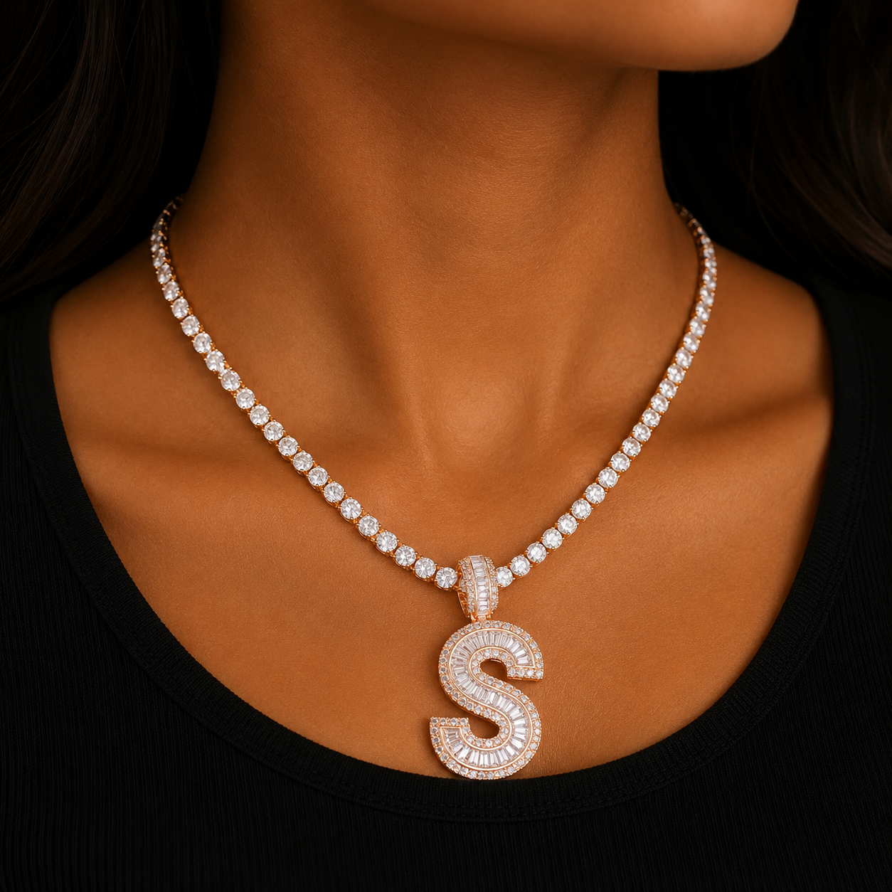 Baguette Letters Pendant With 4mm Tennis Chain Necklace Set Gold Color Women/Men's Hip Hop Fashon Jewelry