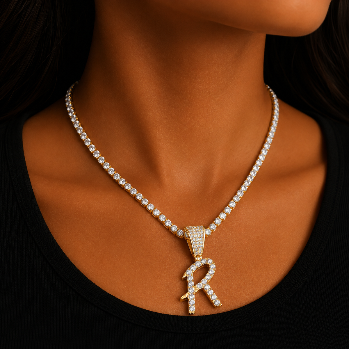 Tennis Letters Pendant With 4mm Tennis chain Necklace Gold Color Women/Men's Hip Hop Jewelry