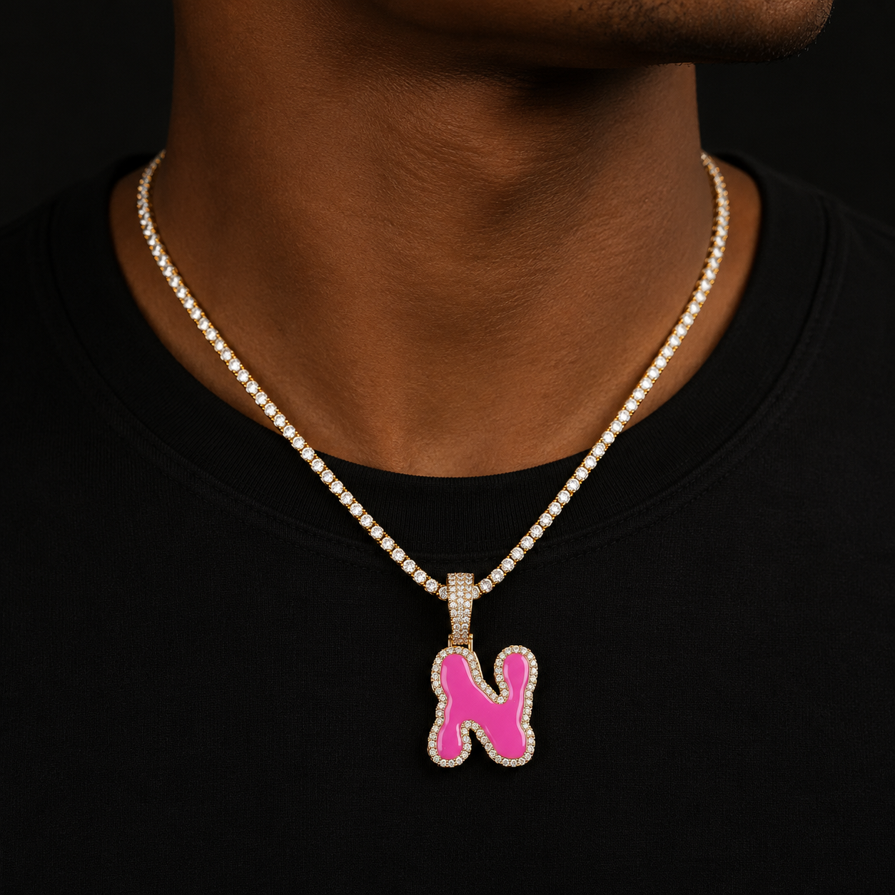 Solid Back Single Pink oil Letters Pendant With Tennis Chain Necklaces For Men Women  AAAA Cubic Zircon Hip Hop Jewelry