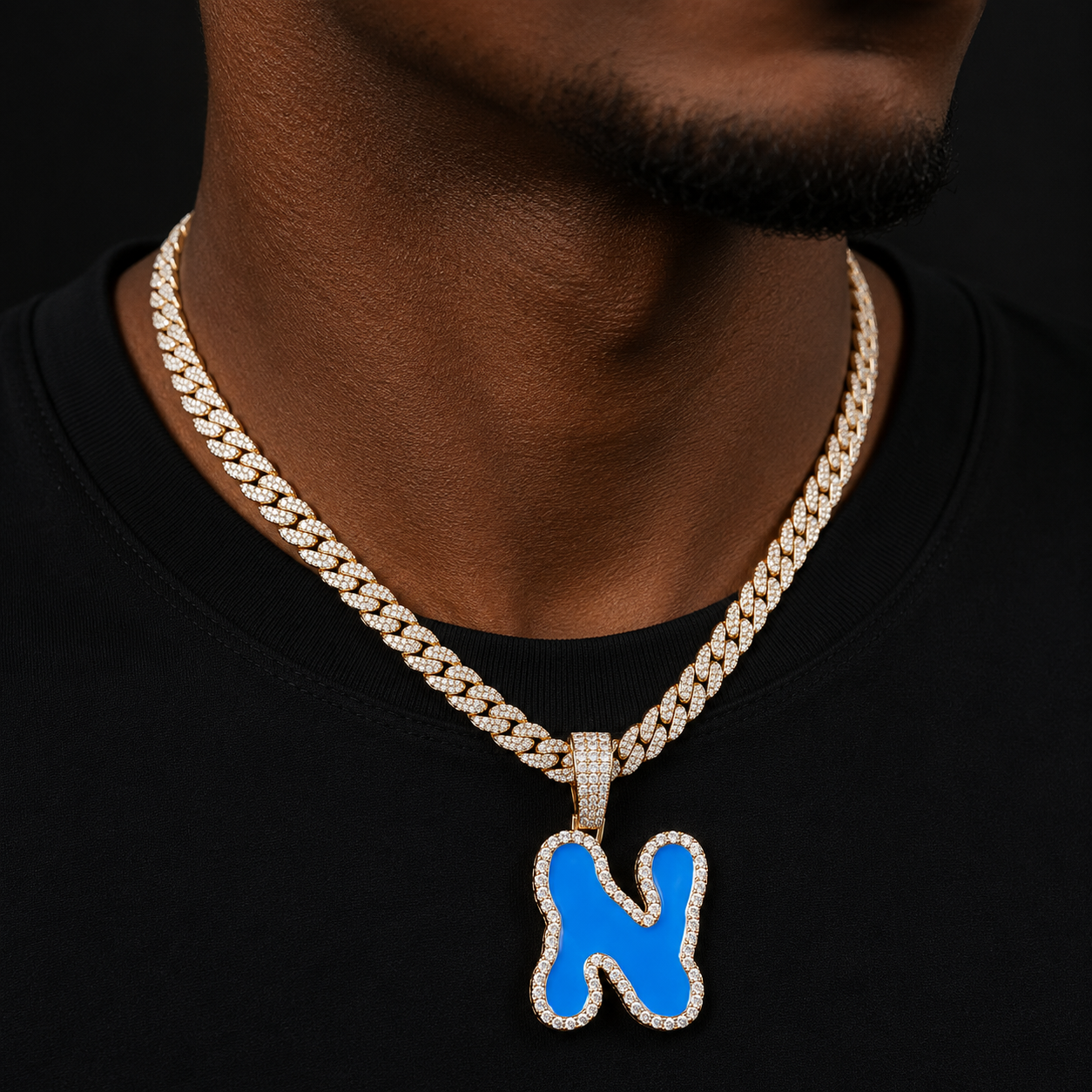 Solid Back Single Blue oil Bubble Letters Pendant Necklaces For Men Women Gold Color AAAA Cubic Zircon Hip Hop Jewelry