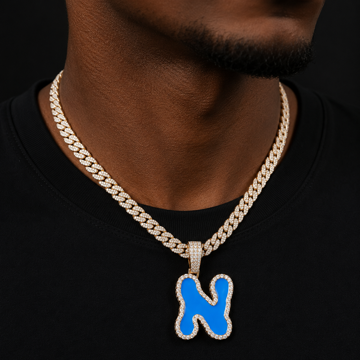 Solid Back Single Blue oil Bubble Letters Pendant Necklaces For Men Women Gold Color AAAA Cubic Zircon Hip Hop Jewelry