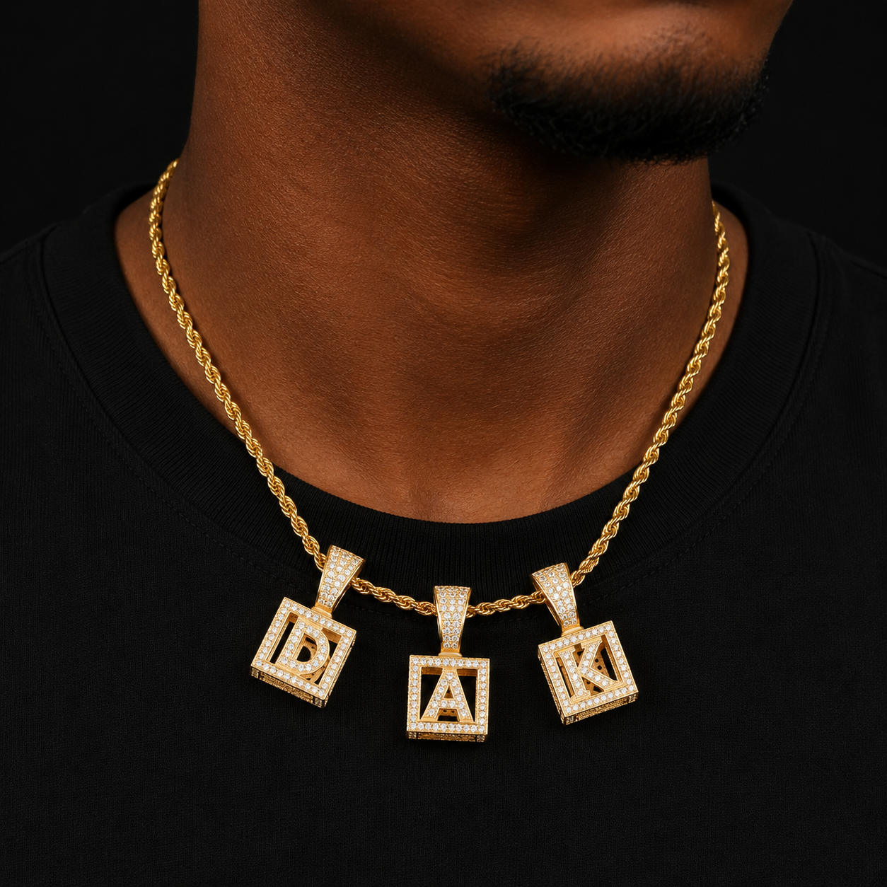 A-Z Single Stereoscopic Square Letter Pendant Necklace Chain Gold Color Cubic Zircon Men Women Hip Hop Jewelry