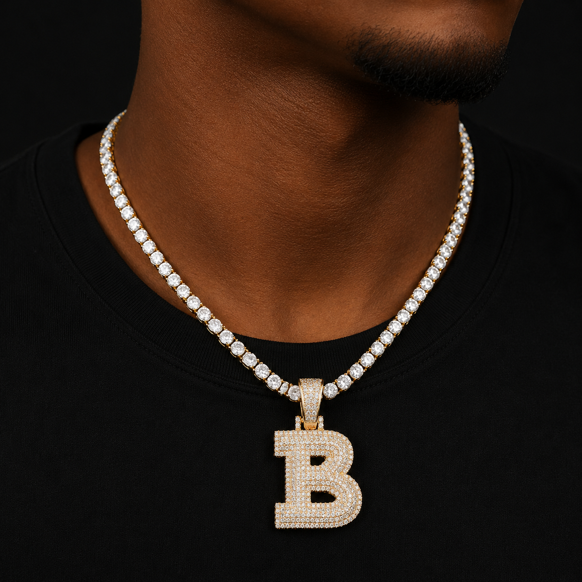 Single Three-layer Zircon Bubble Letters Pendant Necklaces With Tennis Chain For Men Gold Color Plated Hip Hop Jewelry