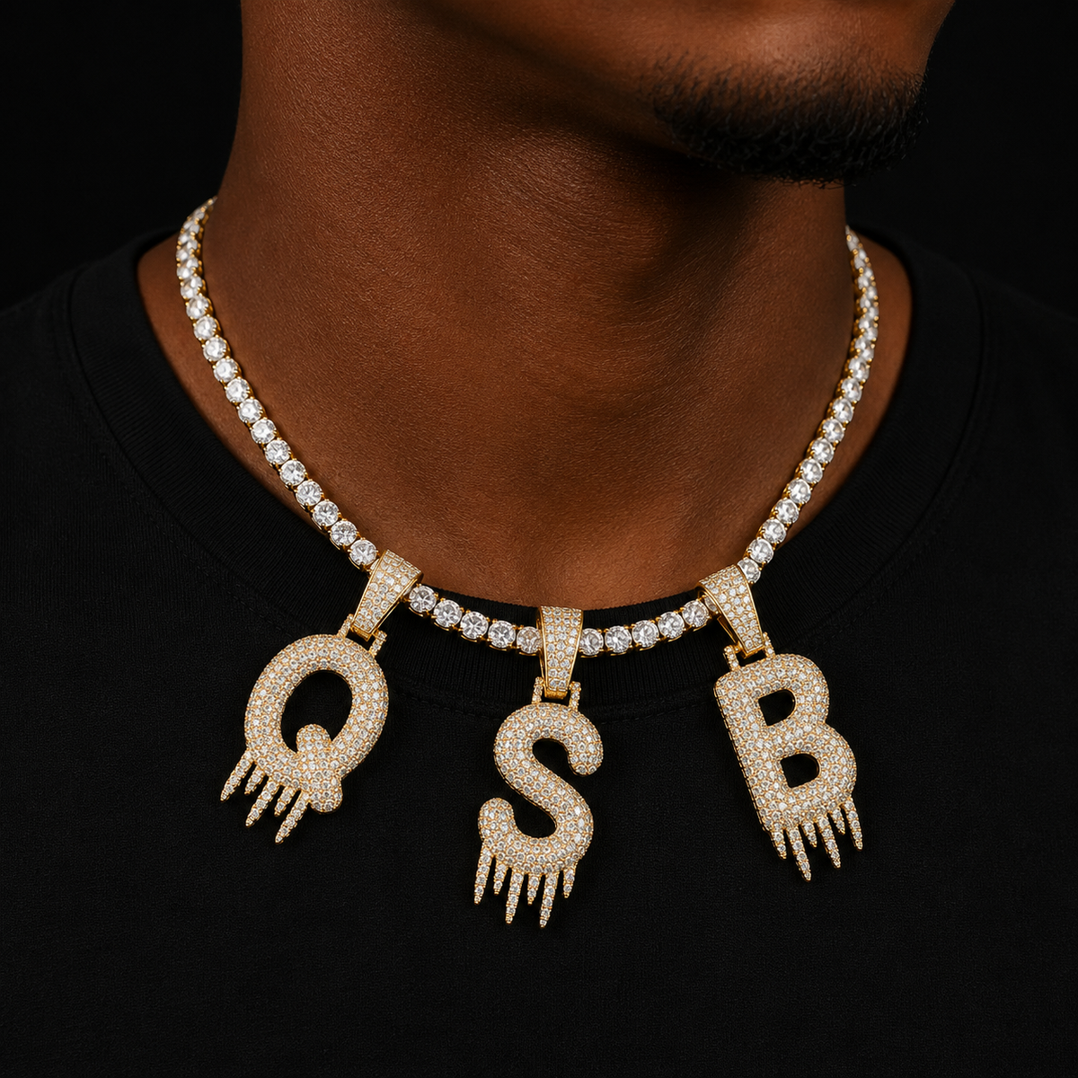 Solid Back Single Drip Bubble Letters Pendant Necklace With Tennis Chain Bling Bling Cubic Zircon For Men Women Hip Hop Jewelry