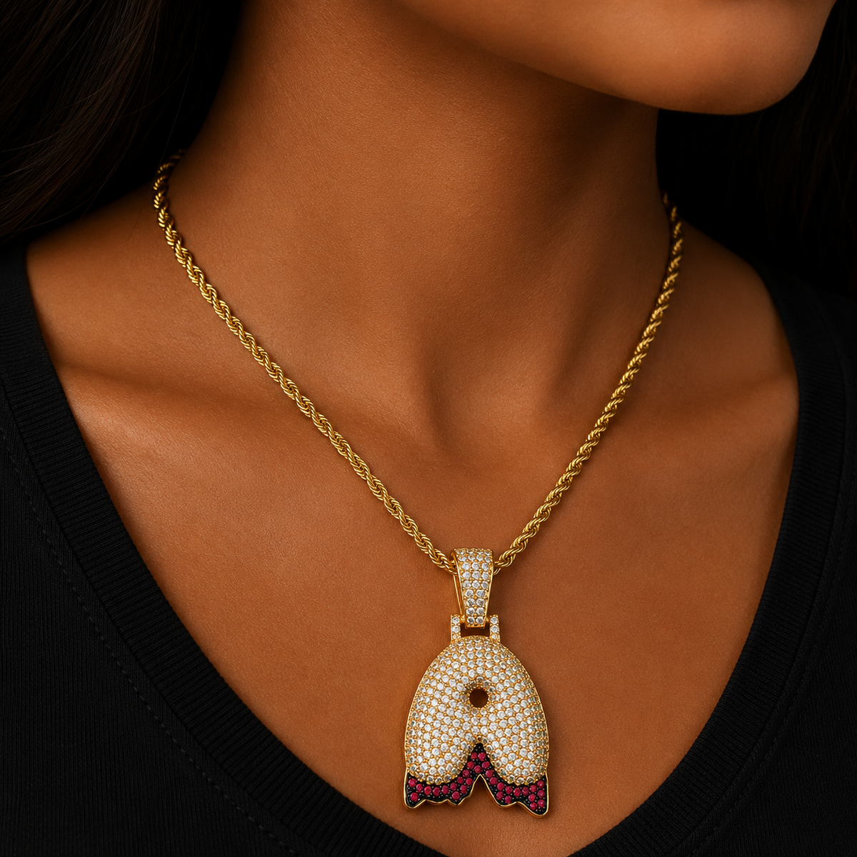 Single Red Color Dripping Bubble Letters Necklaces & Pendant For Men Women Gold Color Cubic Zircon Hip Hop Jewelry