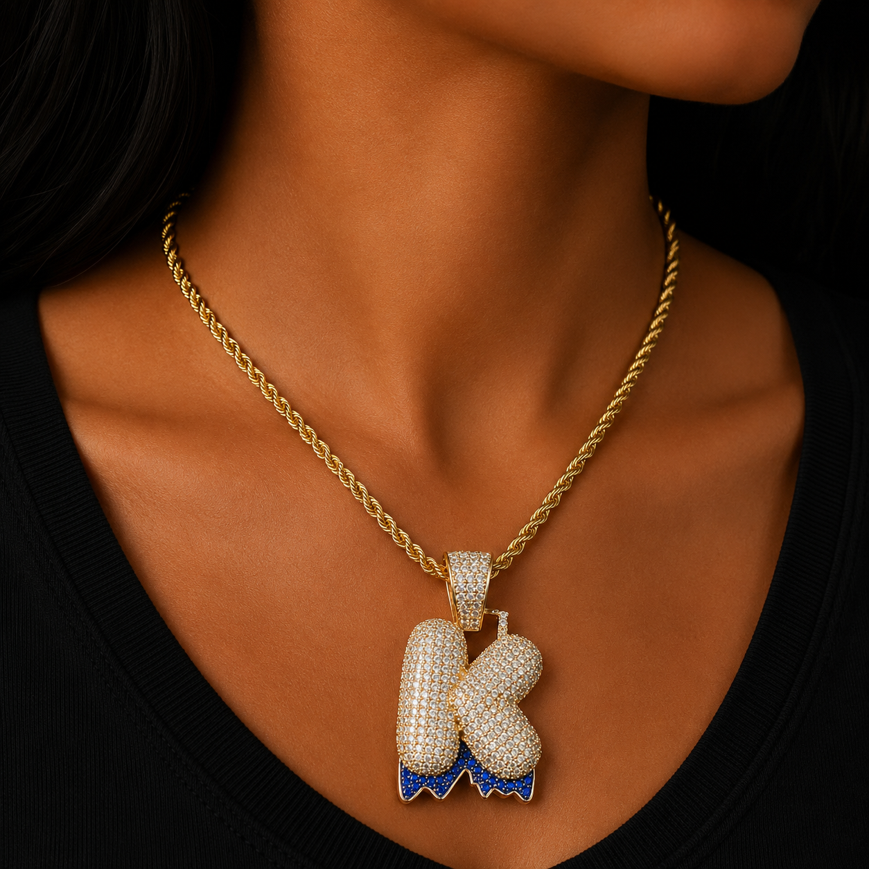 Single Blue Color Dripping Bubble Letters Necklaces & Pendant For Men Women Gold Color Cubic Zircon Hip Hop Jewelry