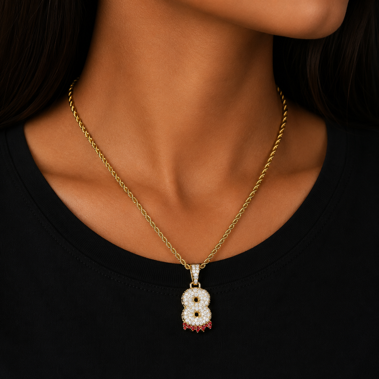 Single Red Color Drip Bubble Number Necklaces & Pendant For Men Women Gold Color Cubic Zircon Hip Hop Jewelry For Gift