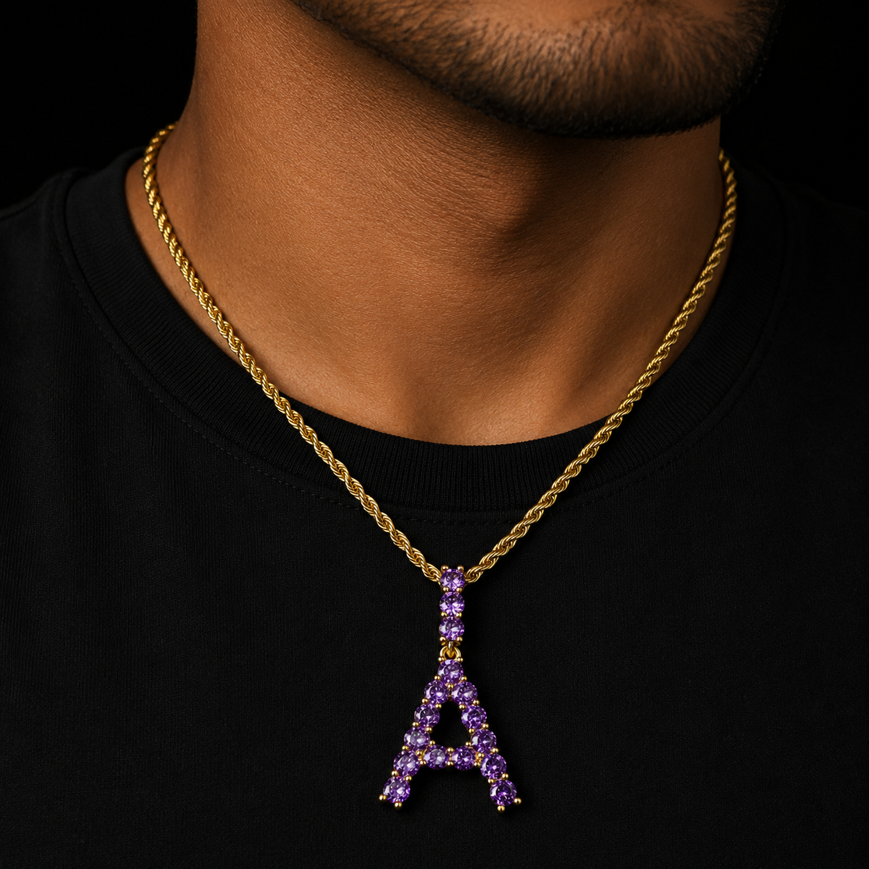 Bling Purple Color Zircon Tennis Letters Pendant Necklaces For Men/Women Gold Color Fashiom Hip Hop Jewelry with Rope chain