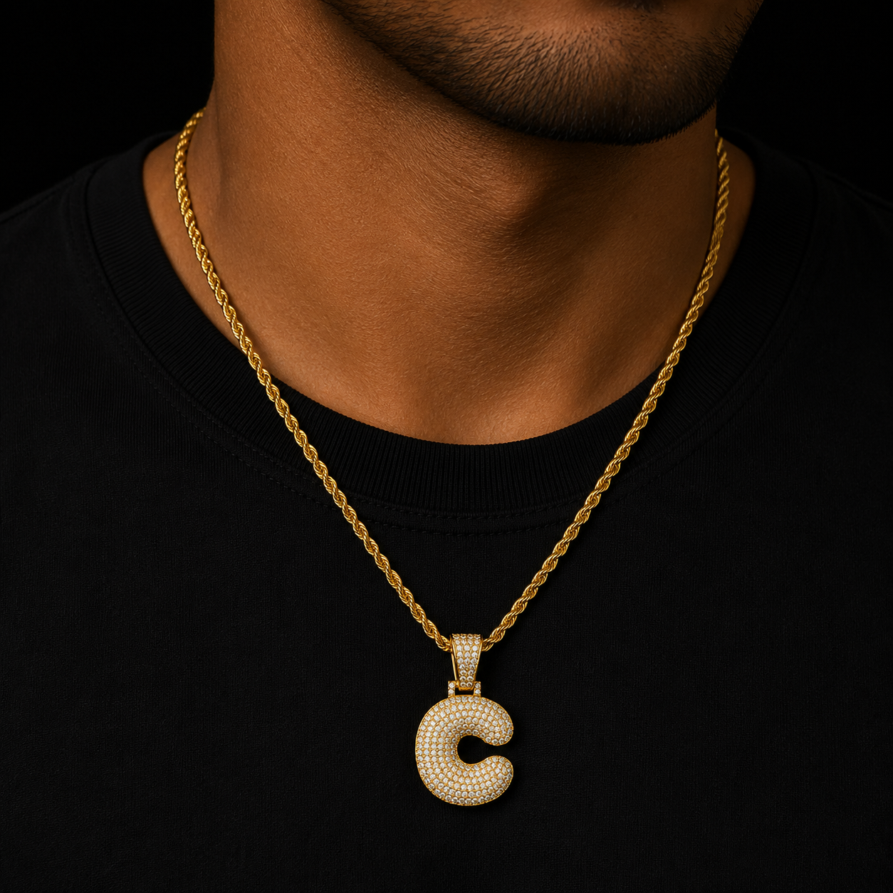 Bling Men's Hip Hop Jewley Gold Color Copper Cubic Zirconia Single Bubble Letters Pendant Necklace With Cuban chain