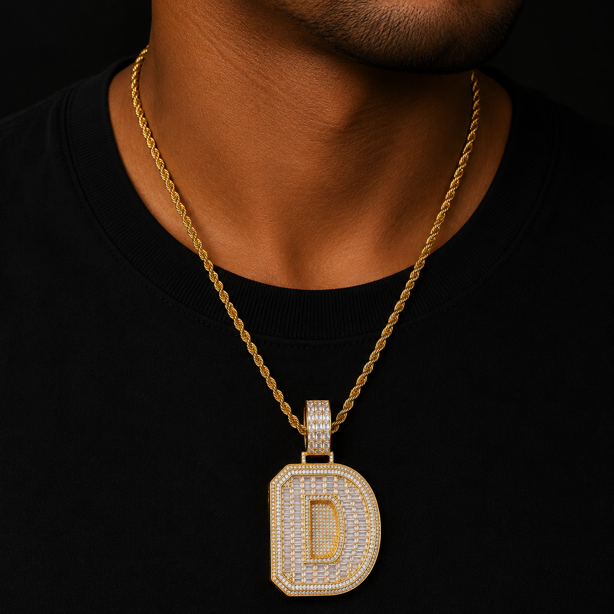 Bubble Letter A~Z Single Baguette Initial Necklace for Men Iced Out Pendant Solid Back Two Layers Charms Bling Hip Hop Jewelry