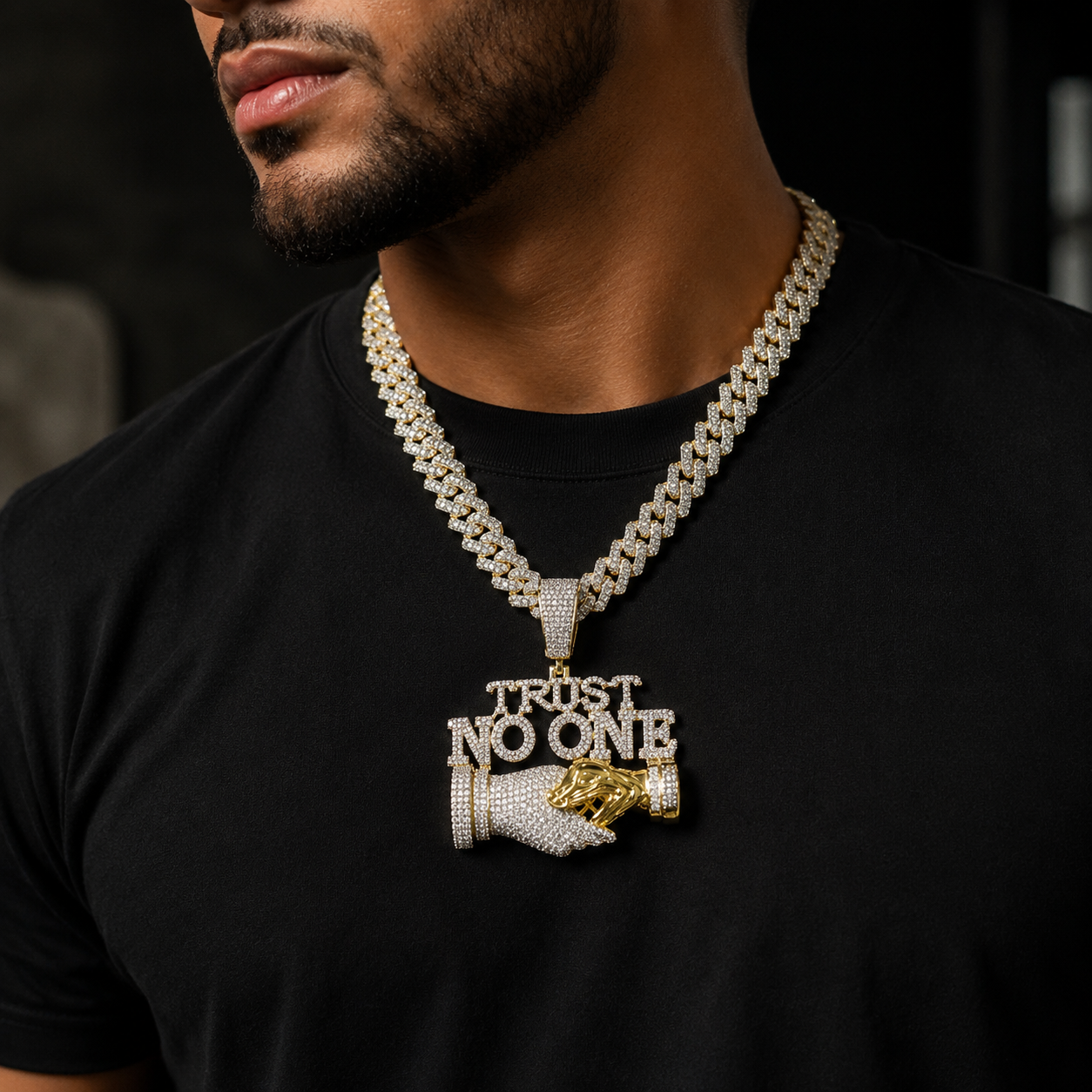 Bubble Letter Iced Out Trust No One Necklace Pendant for Men 5A Cubic Zirconia Prong Setting Hip Hop Jewelry