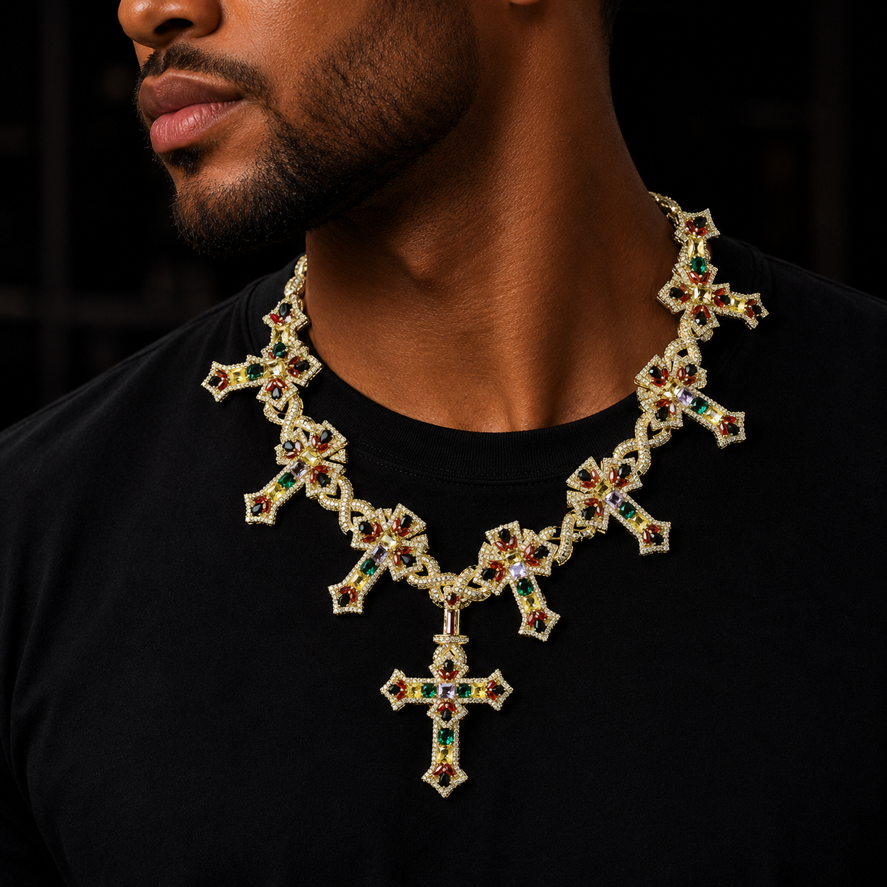 Bubble Letter Iced Out Colorful Cross Link Chain for Men Necklace Choker Prong Setting Hip Hop Jewelry