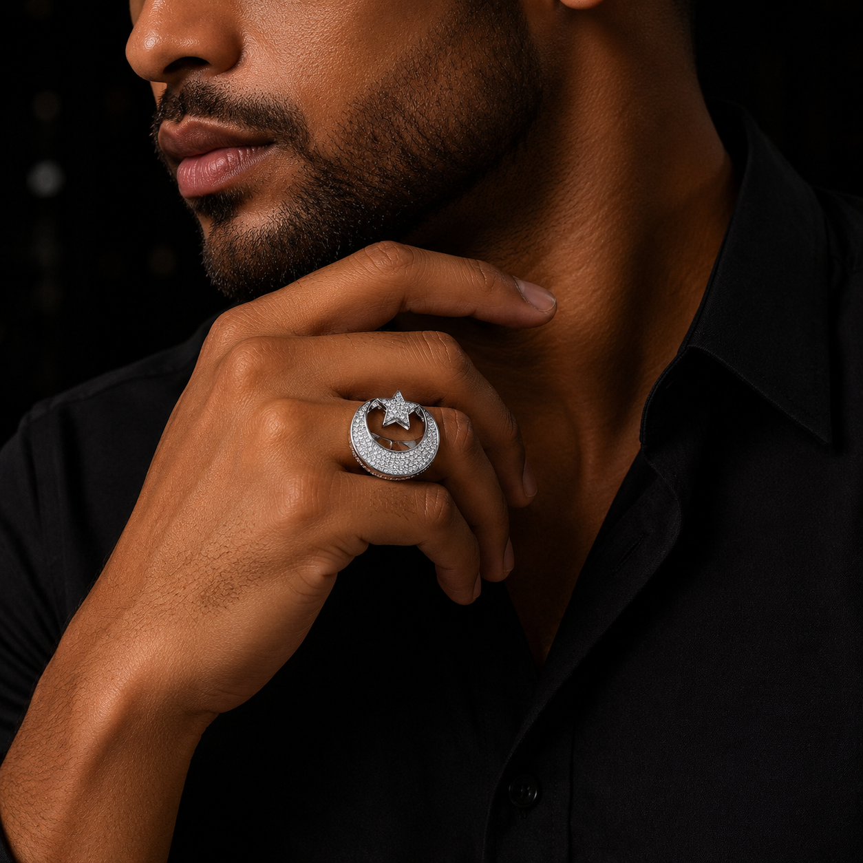 Bubble Letter Iced Out Moon Star Ring for Men 5A Cubic Zirconia Hip Hop Jewelry