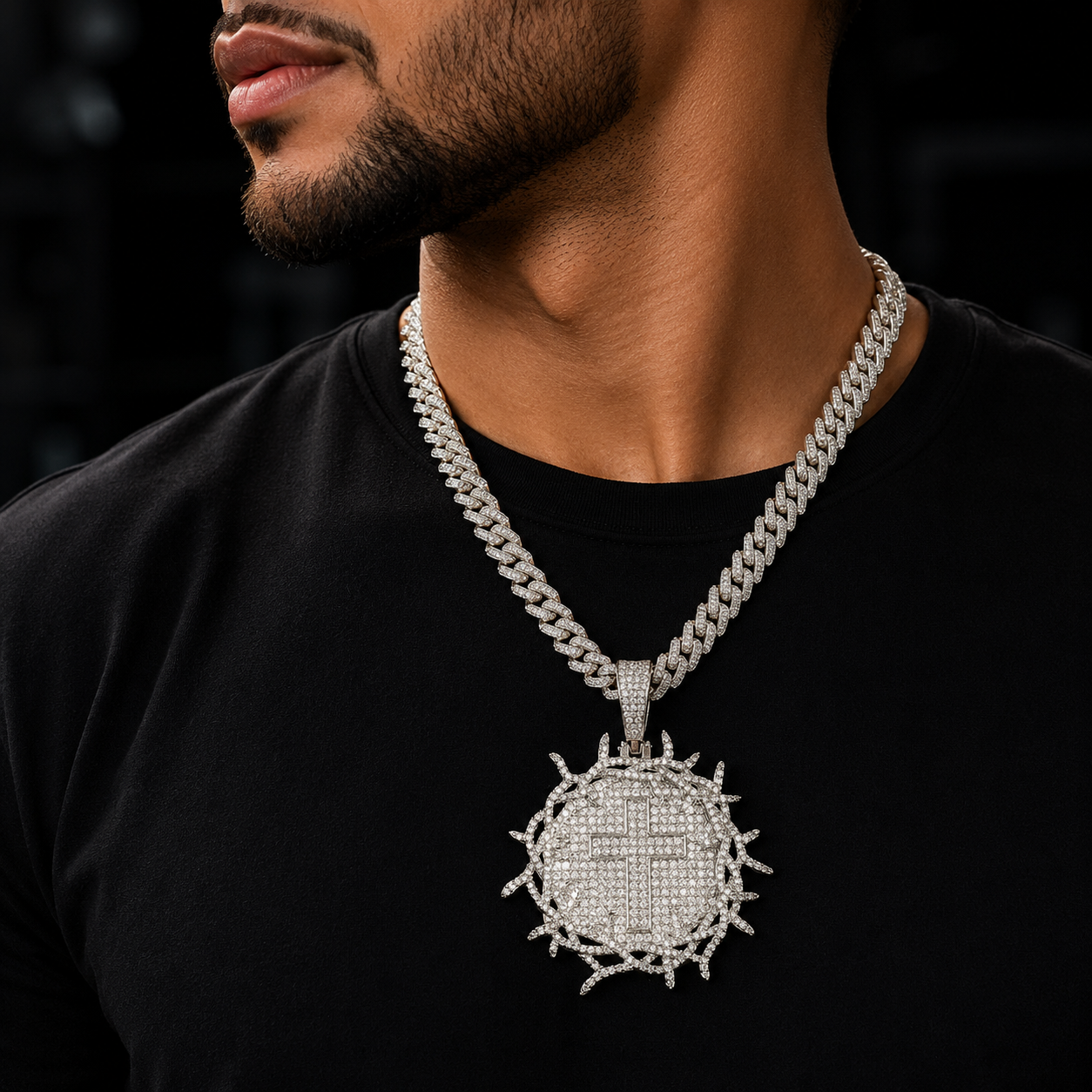 Bubble Letter Iced Out Barbered Wire Circle Cross Necklace Pendant for Men 5A Cubic Zirconia Gold Plated Hip Hop Jewelry