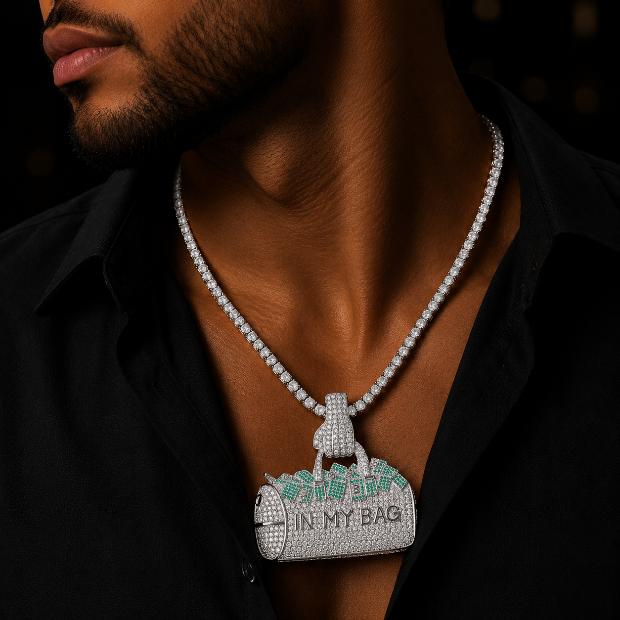 Bubble Letter Iced Out Silver Green In My Bag Necklace Pendant for Men Real Gold Plated 5A Cubic Zirconia Hip Hop Jewelry