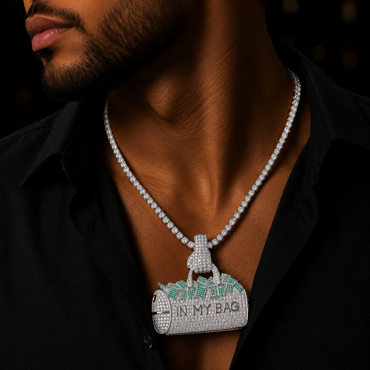 Bubble Letter Iced Out Silver Green In My Bag Necklace Pendant for Men Real Gold Plated 5A Cubic Zirconia Hip Hop Jewelry